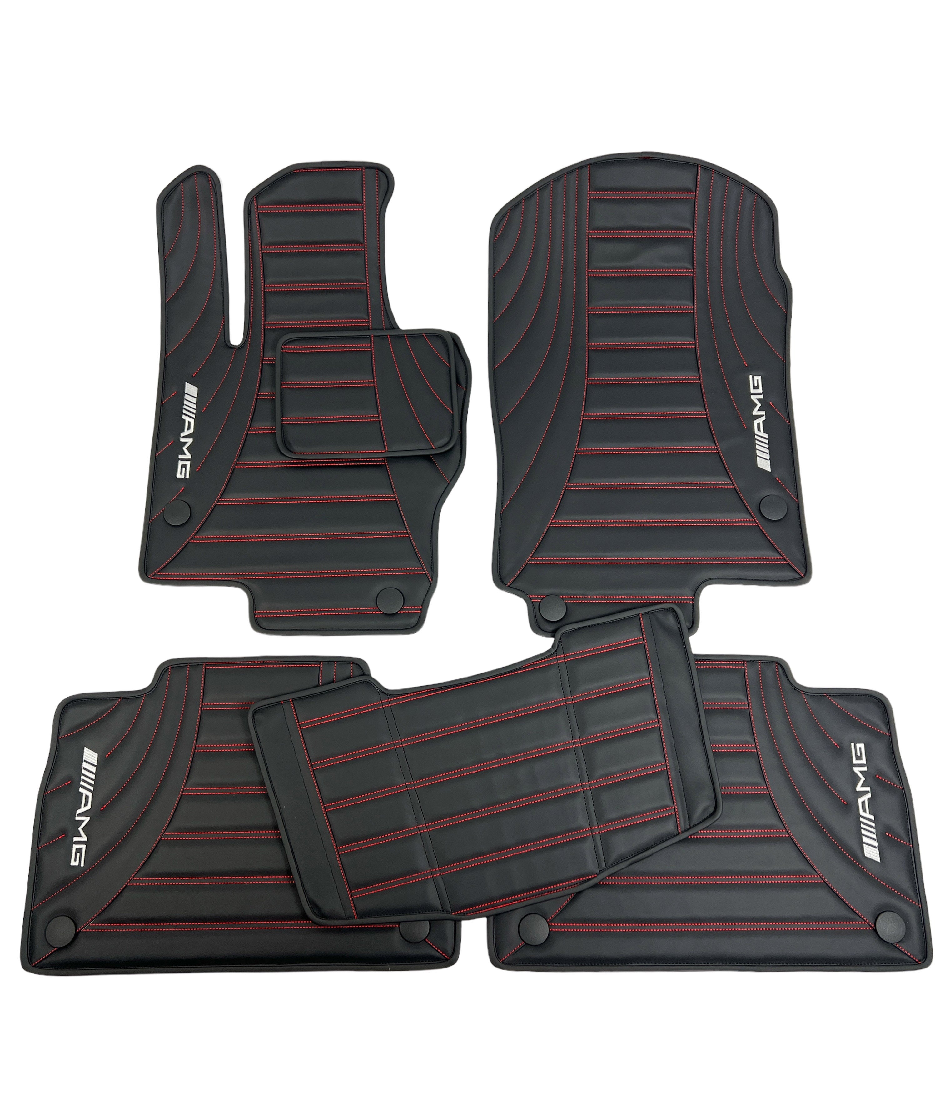 Car Floor Mats in "Figure Double Lines" Design Black with Red Stitching