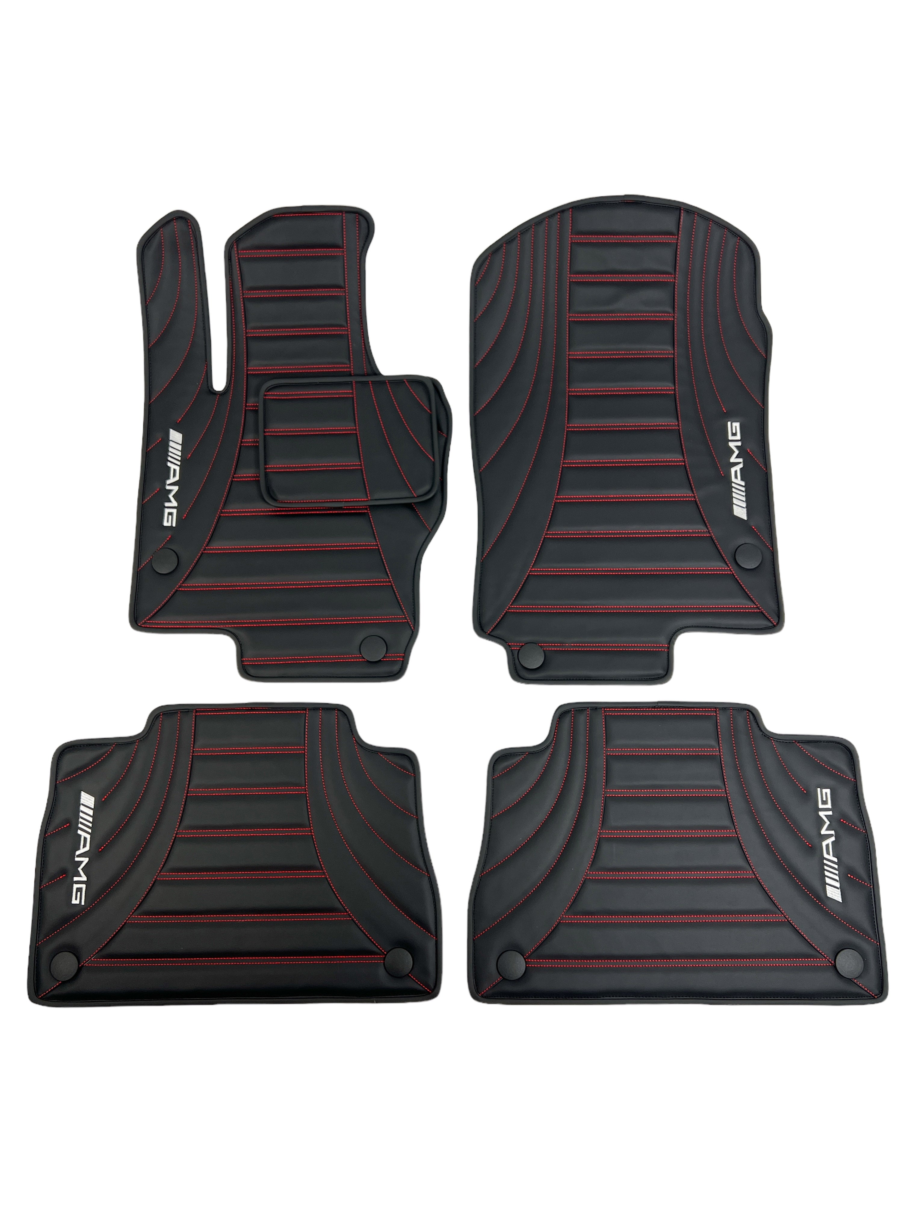 Car Floor Mats in "Figure Double Lines" Design Black with Red Stitching