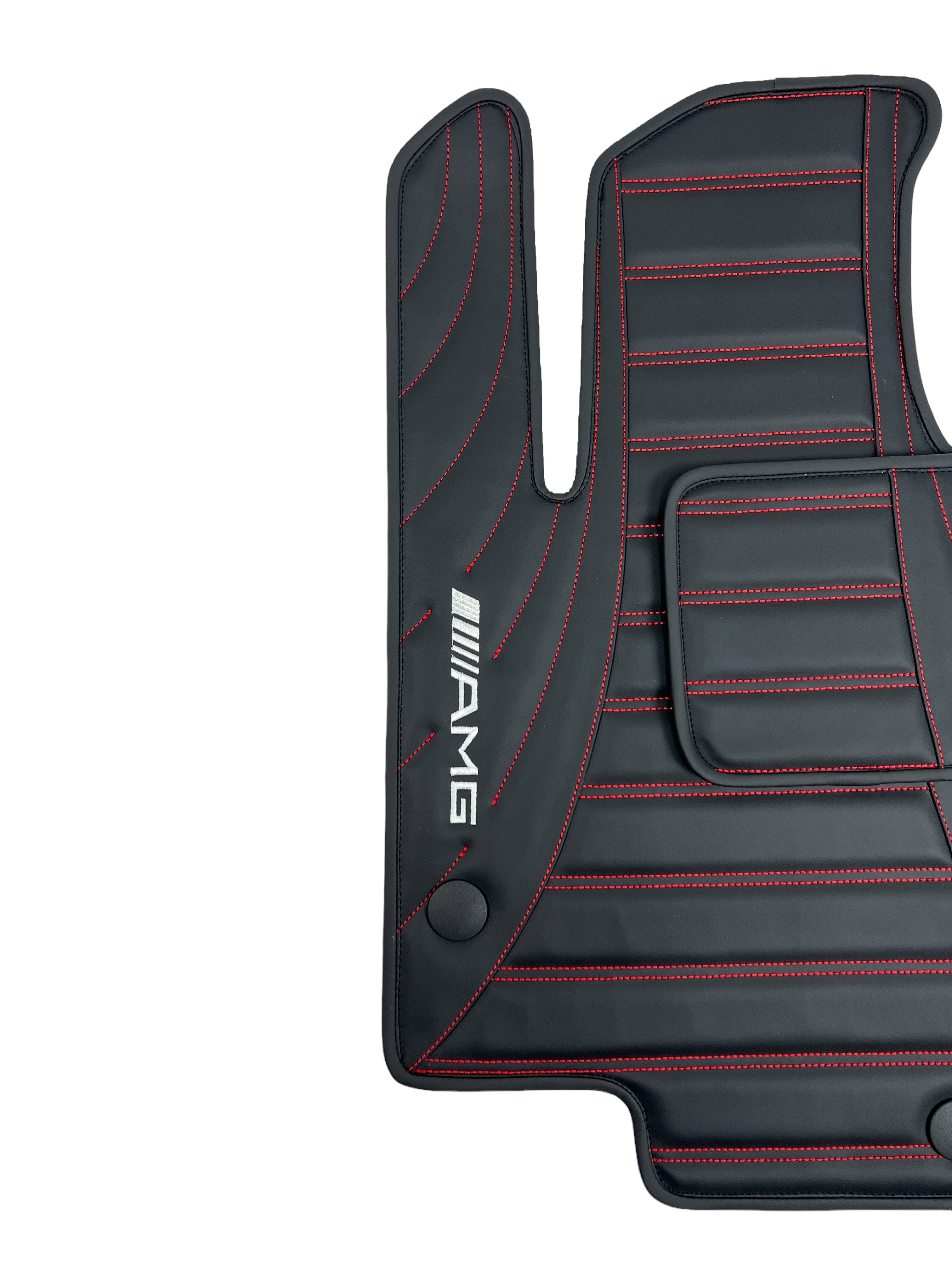 Car Floor Mats in "Figure Double Lines" Design Black with Red Stitching