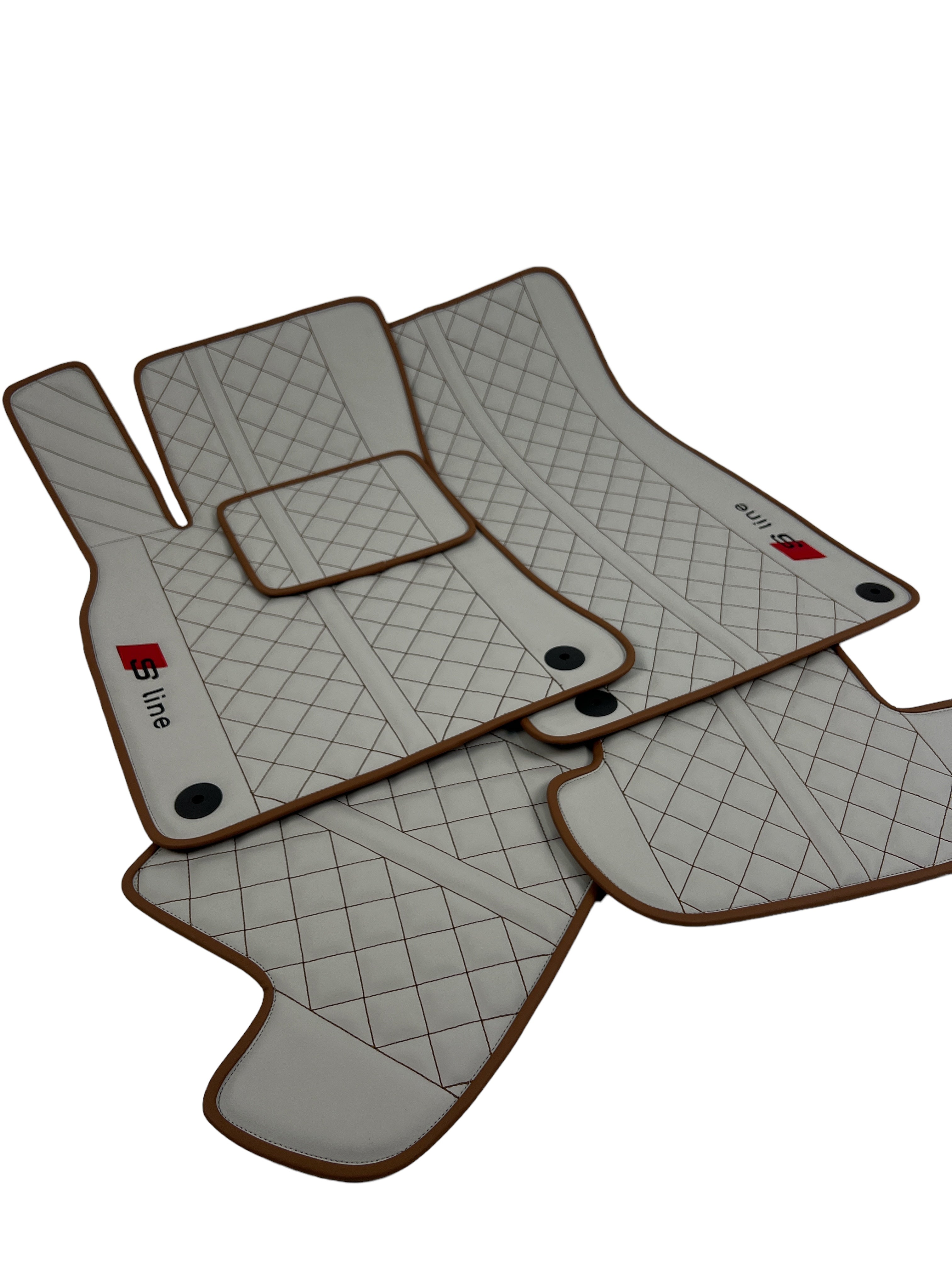 Car Floor Mats in "Highway" Design Light Gray with Brown Stitching and Edging