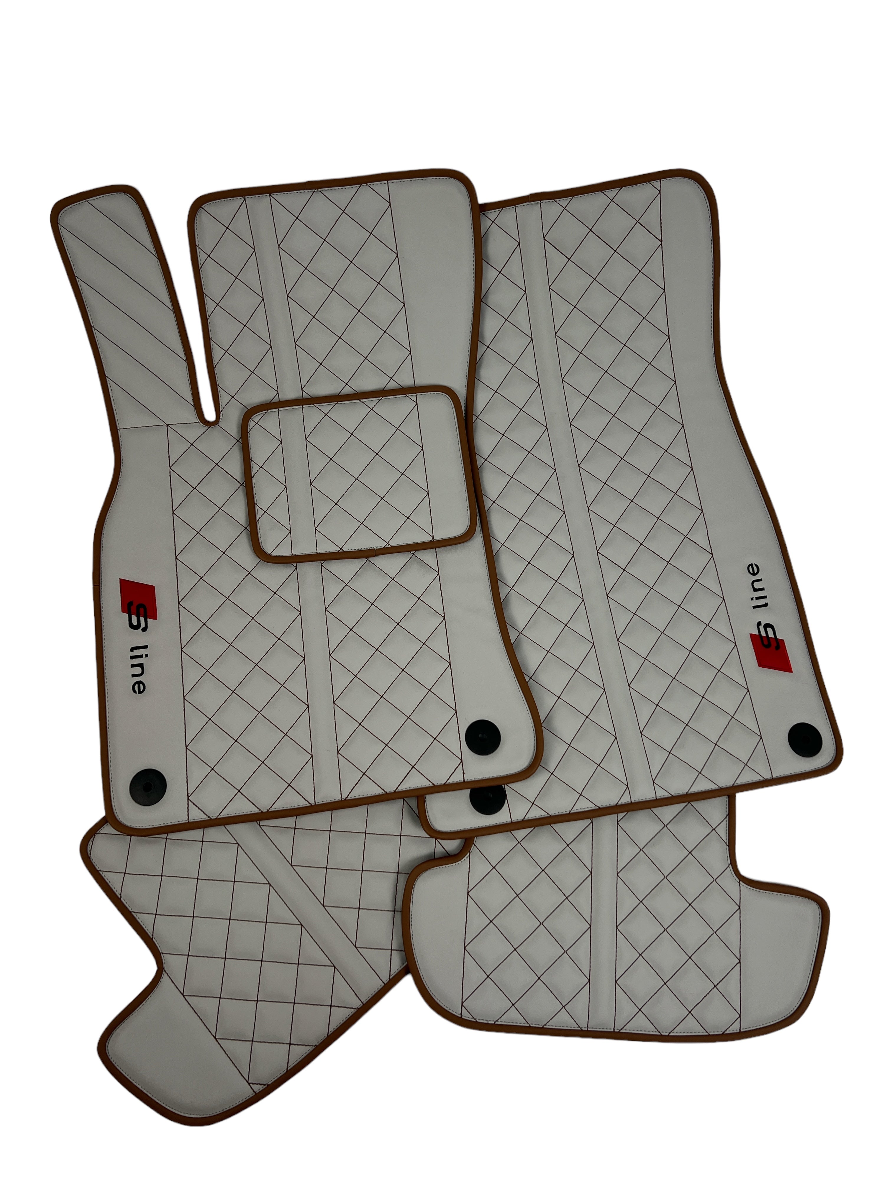 Car Floor Mats in "Highway" Design Light Gray with Brown Stitching and Edging