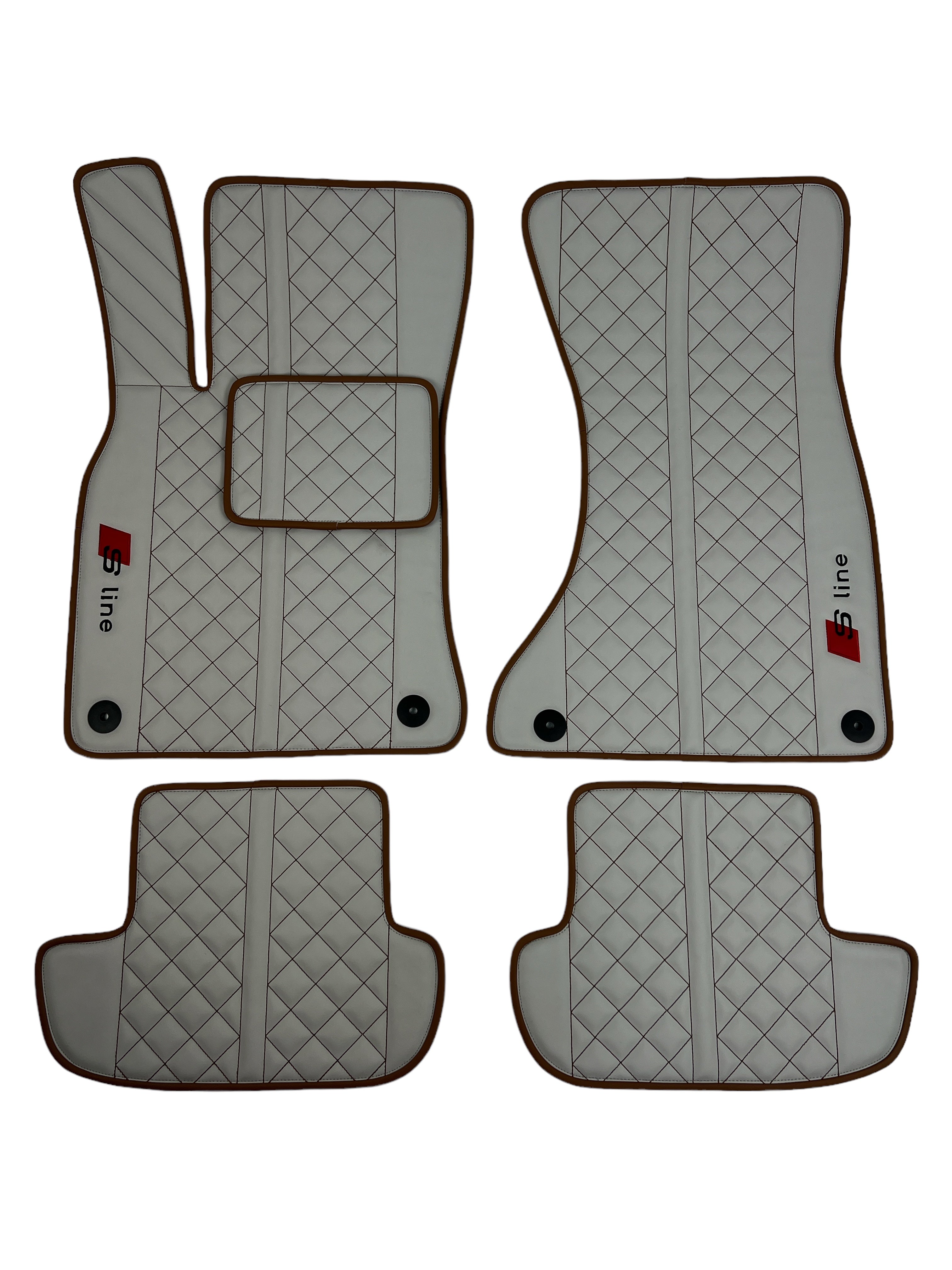 Car Floor Mats in "Highway" Design Light Gray with Brown Stitching and Edging