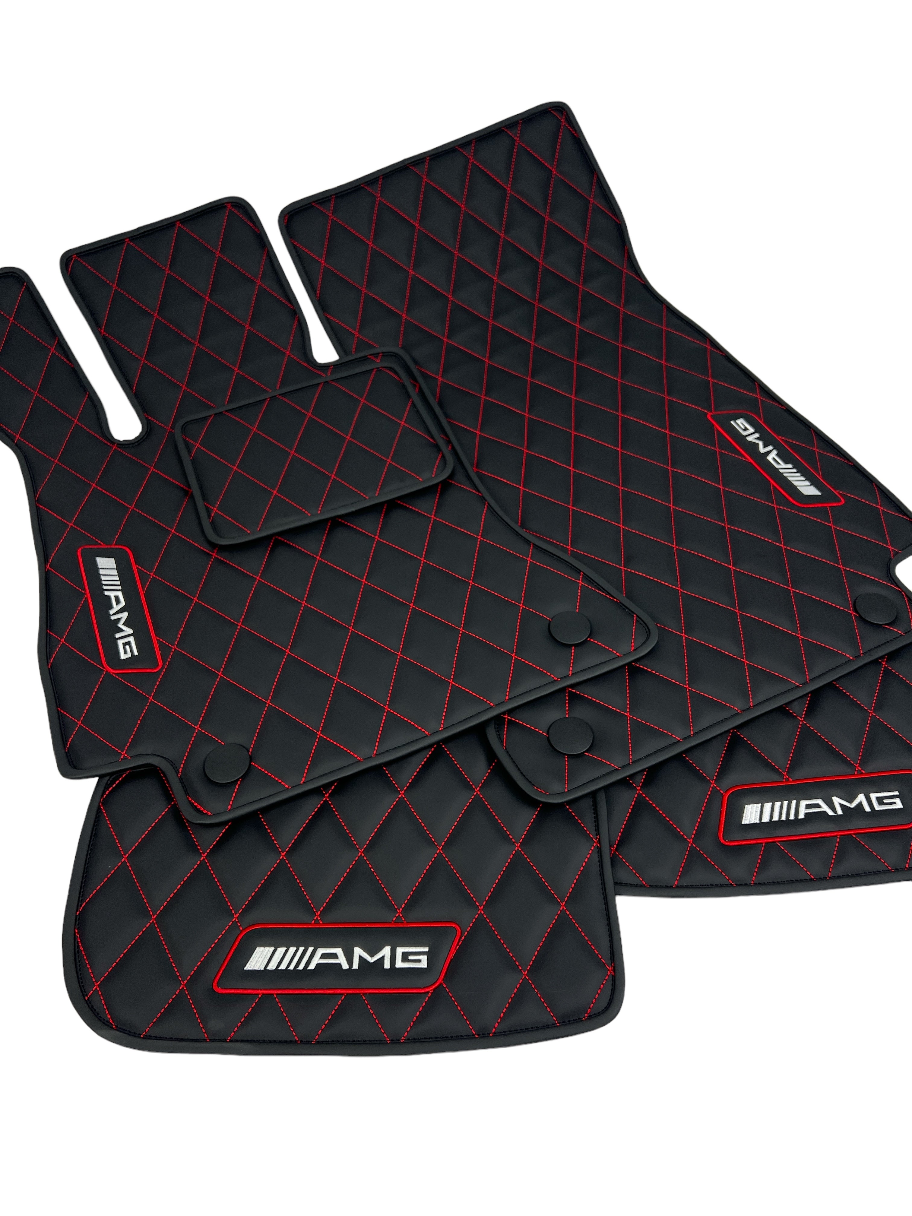 Car Floor Mats in "Rhombus" Design Black With Red Stitching