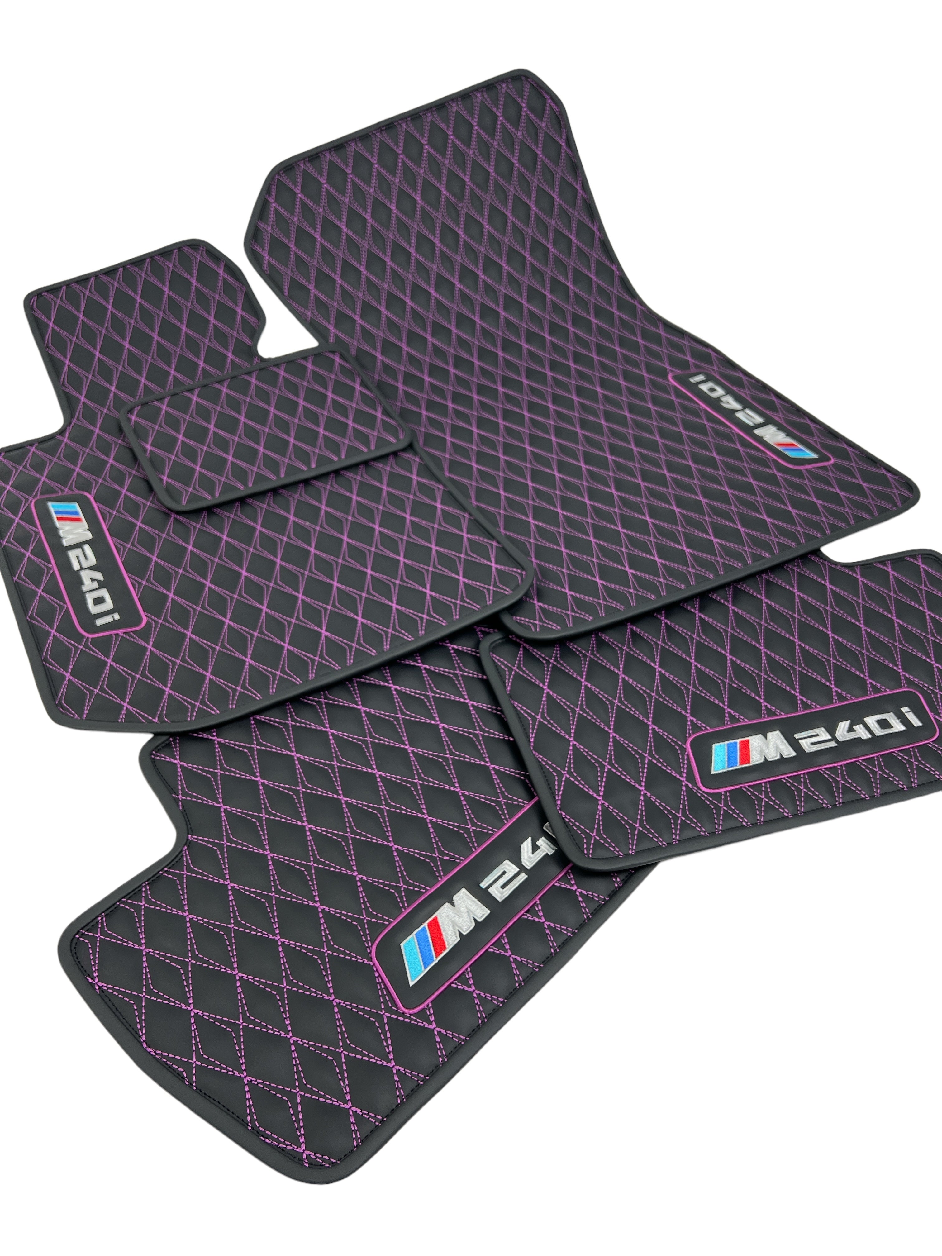 Car Floor Mats in "Diamond" Design Black with Pink Stitching