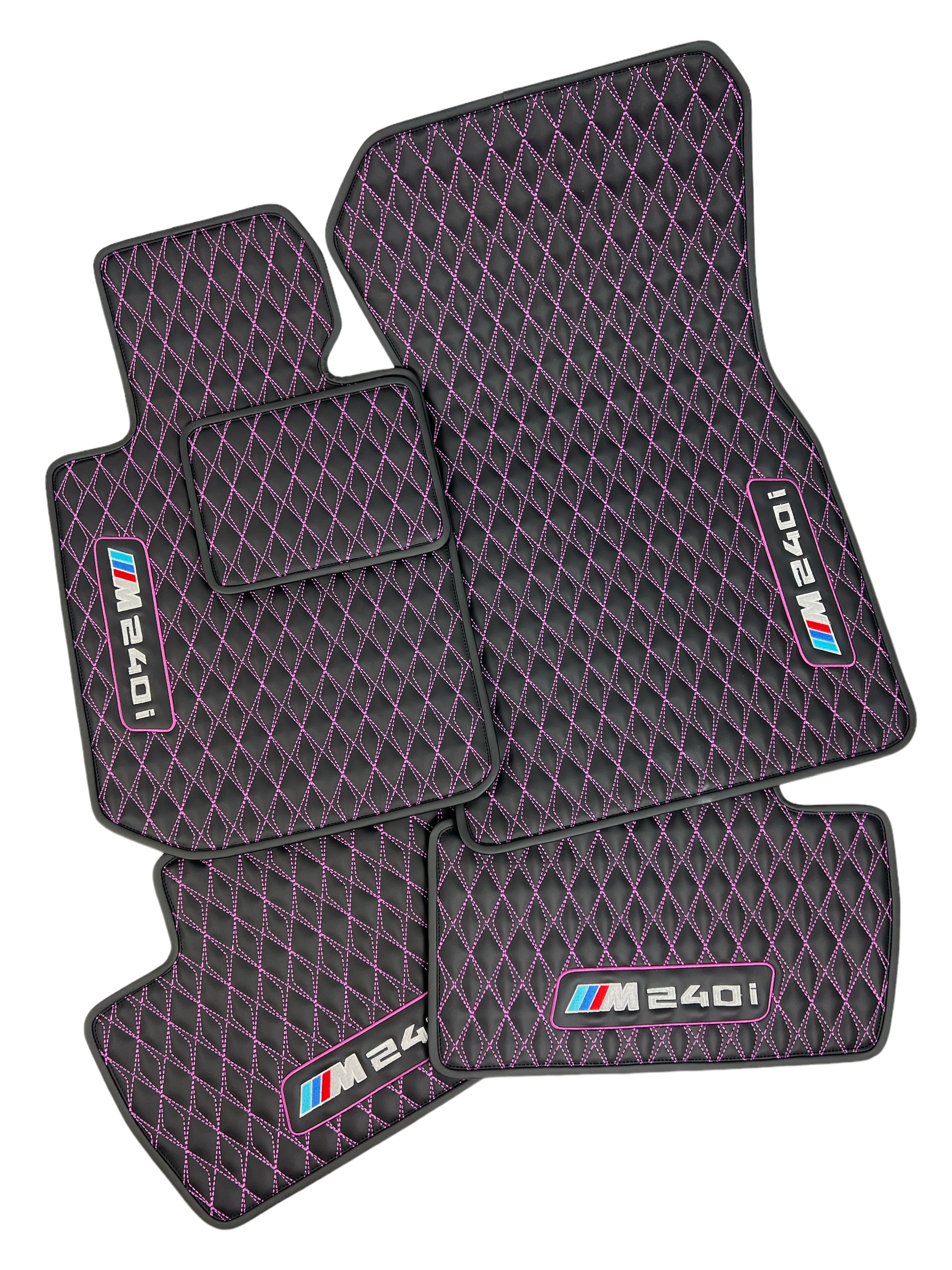 Car Floor Mats in "Diamond" Design Black with Pink Stitching