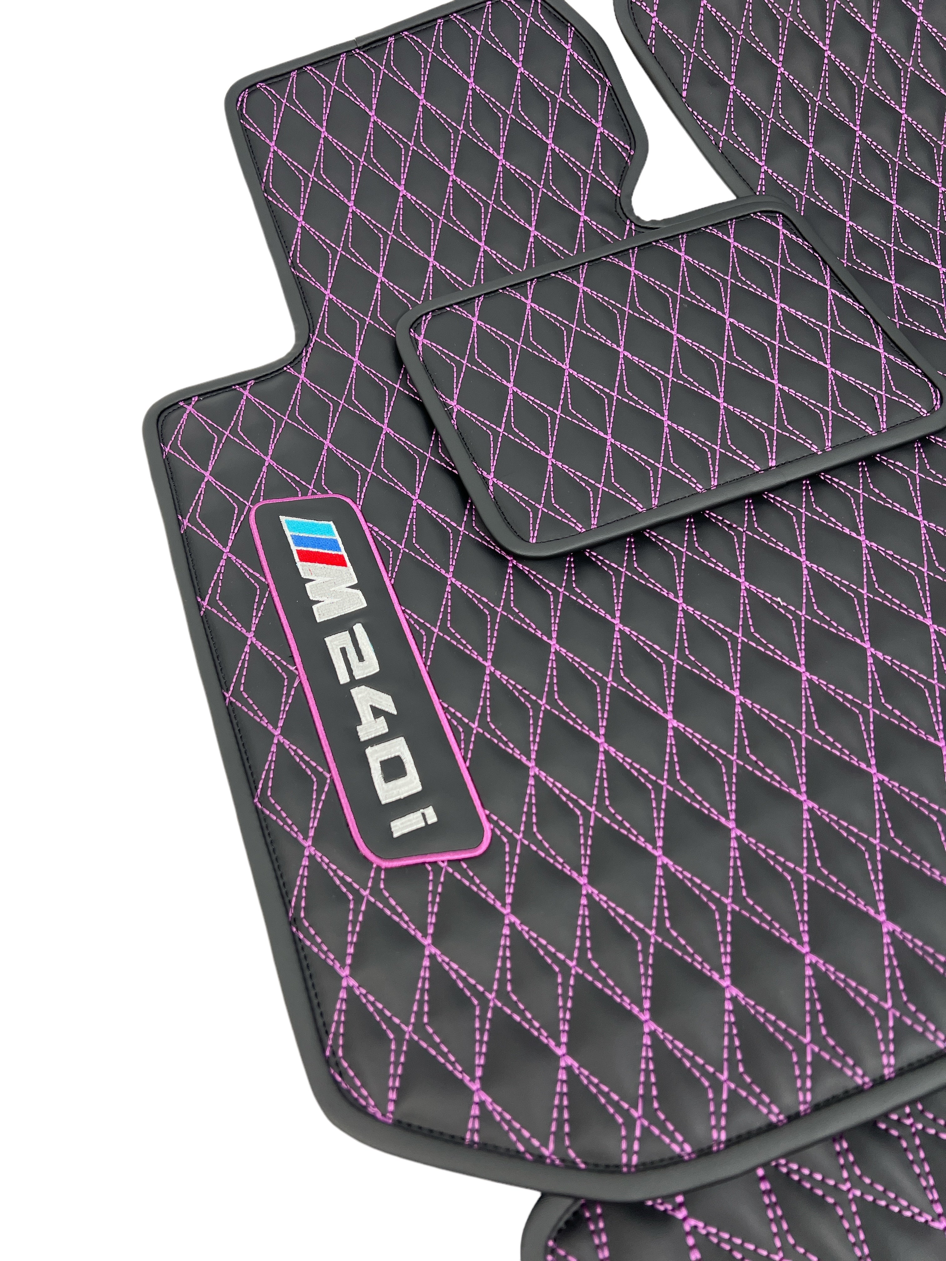 Car Floor Mats in "Diamond" Design Black with Pink Stitching