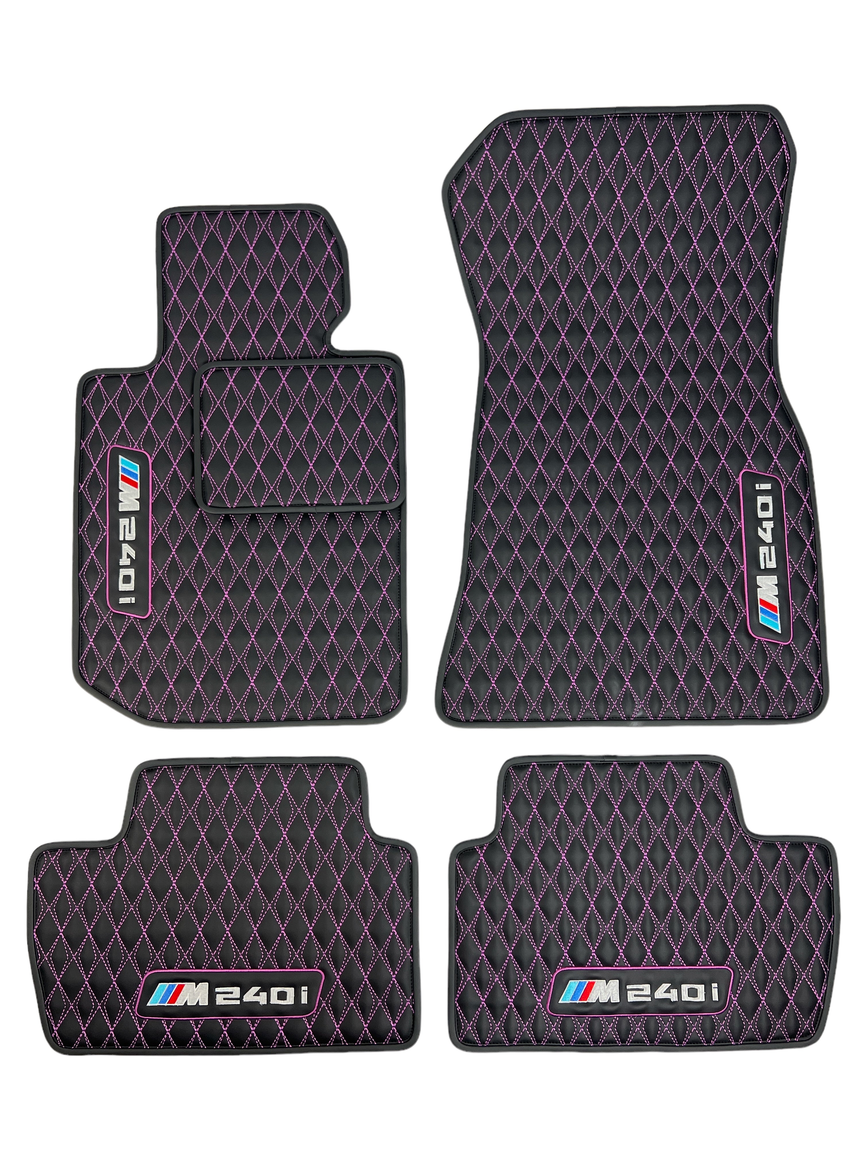 Car Floor Mats in "Diamond" Design Black with Pink Stitching