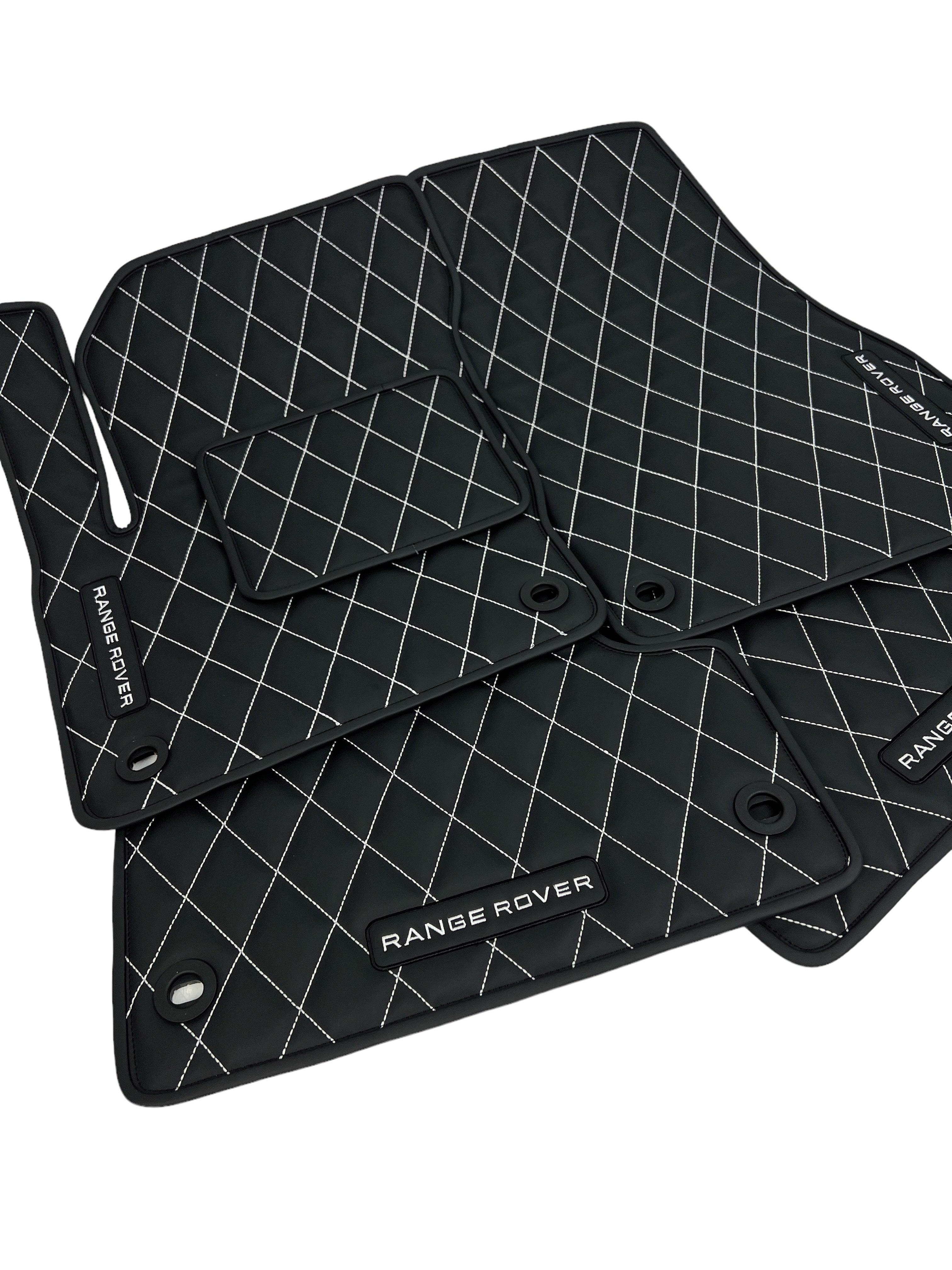 Car Floor Mats in "Rhombus" Design Black with White Stitching