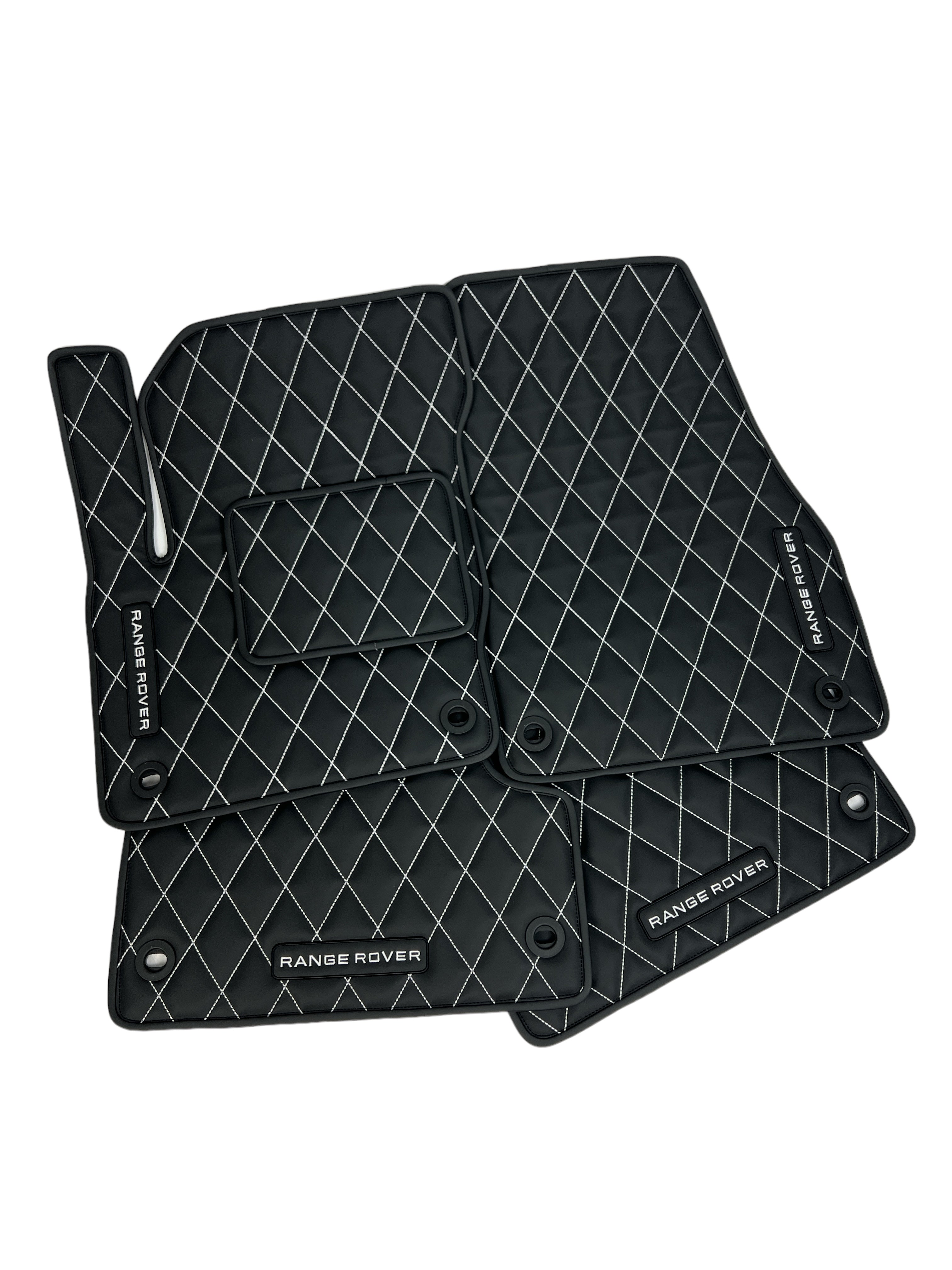 Car Floor Mats in "Rhombus" Design Black with White Stitching