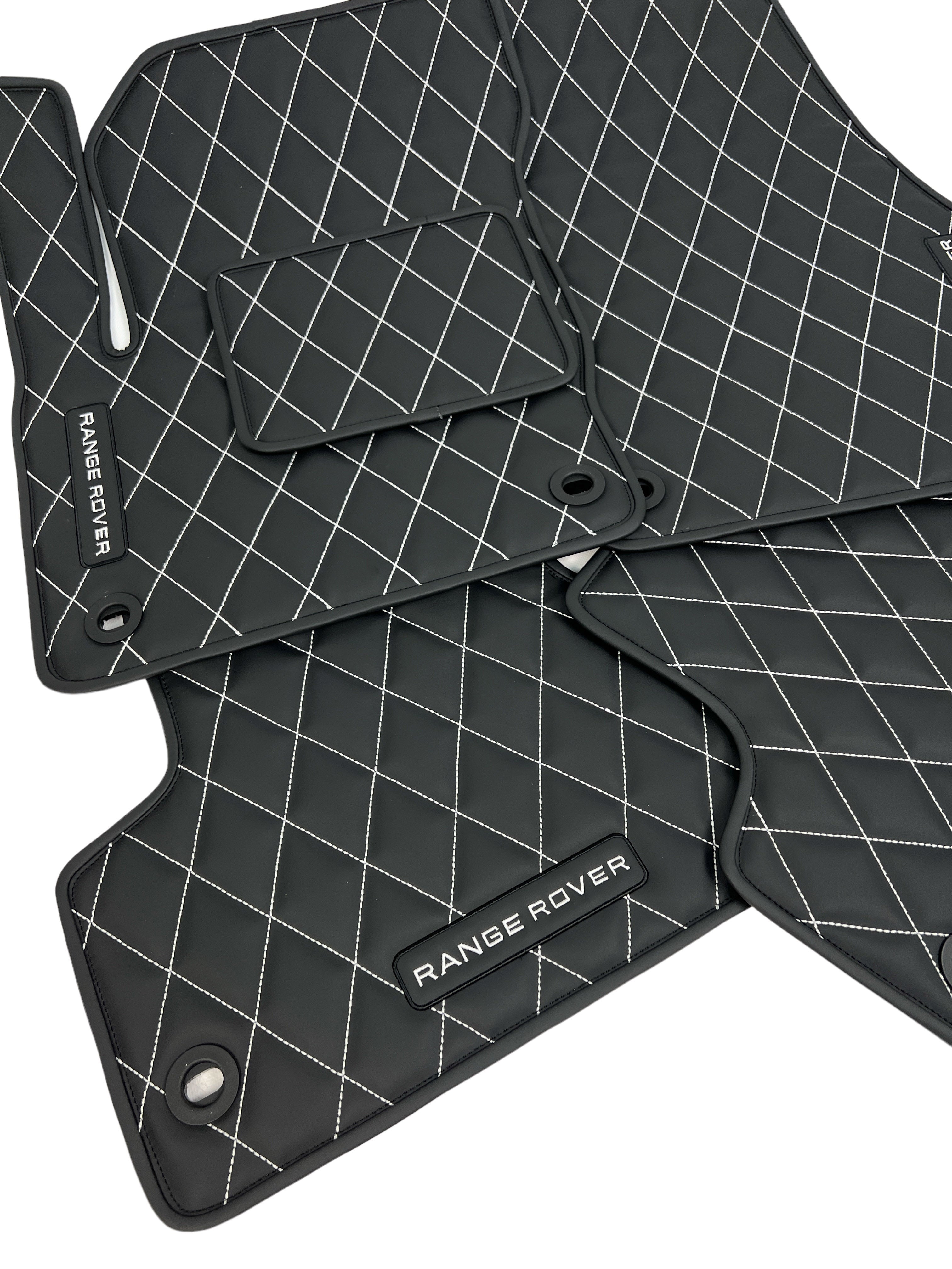 Car Floor Mats in "Rhombus" Design Black with White Stitching