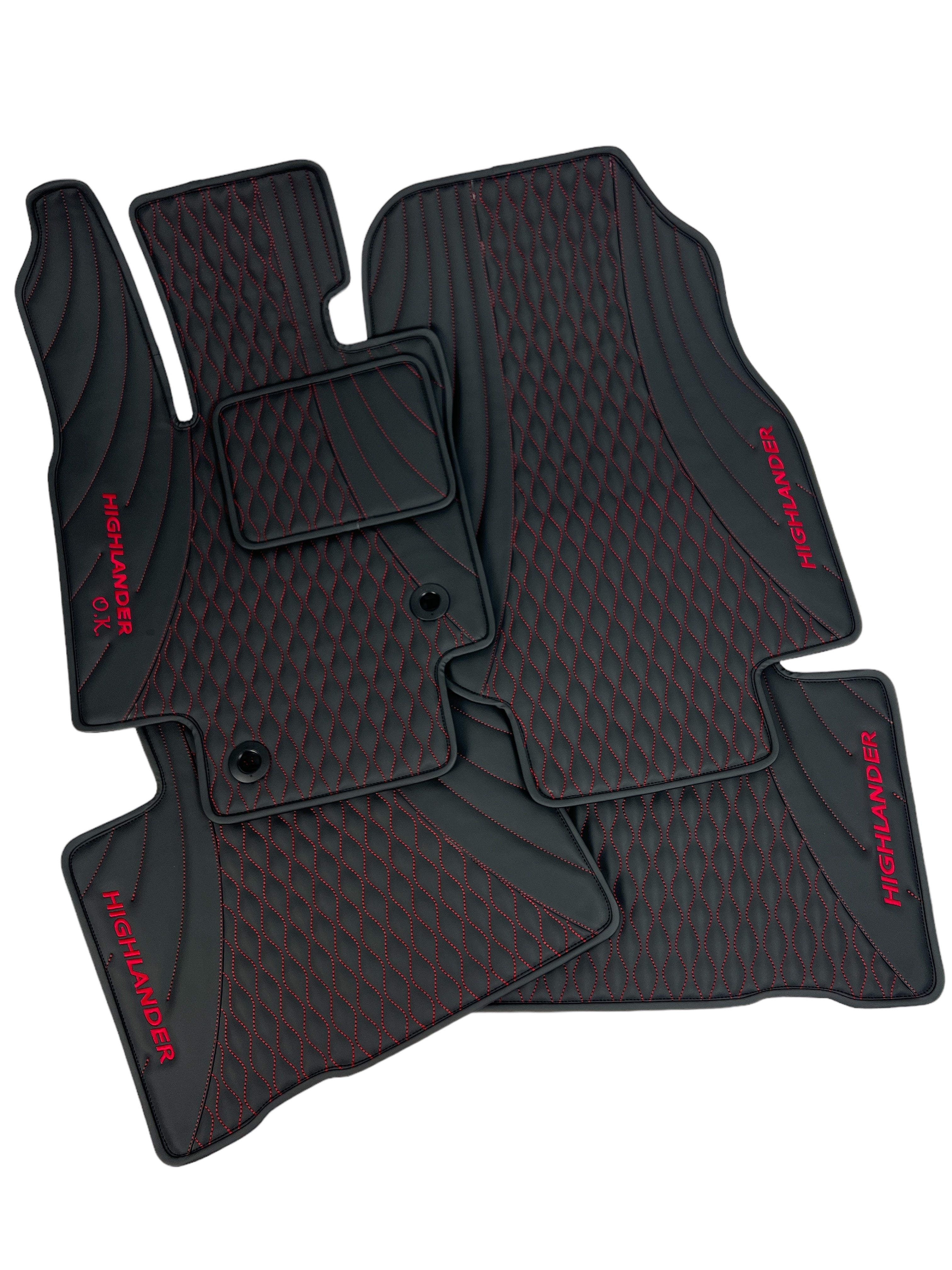 Car Floor Mats in "Figure Waves" Design Black with Red Stitching