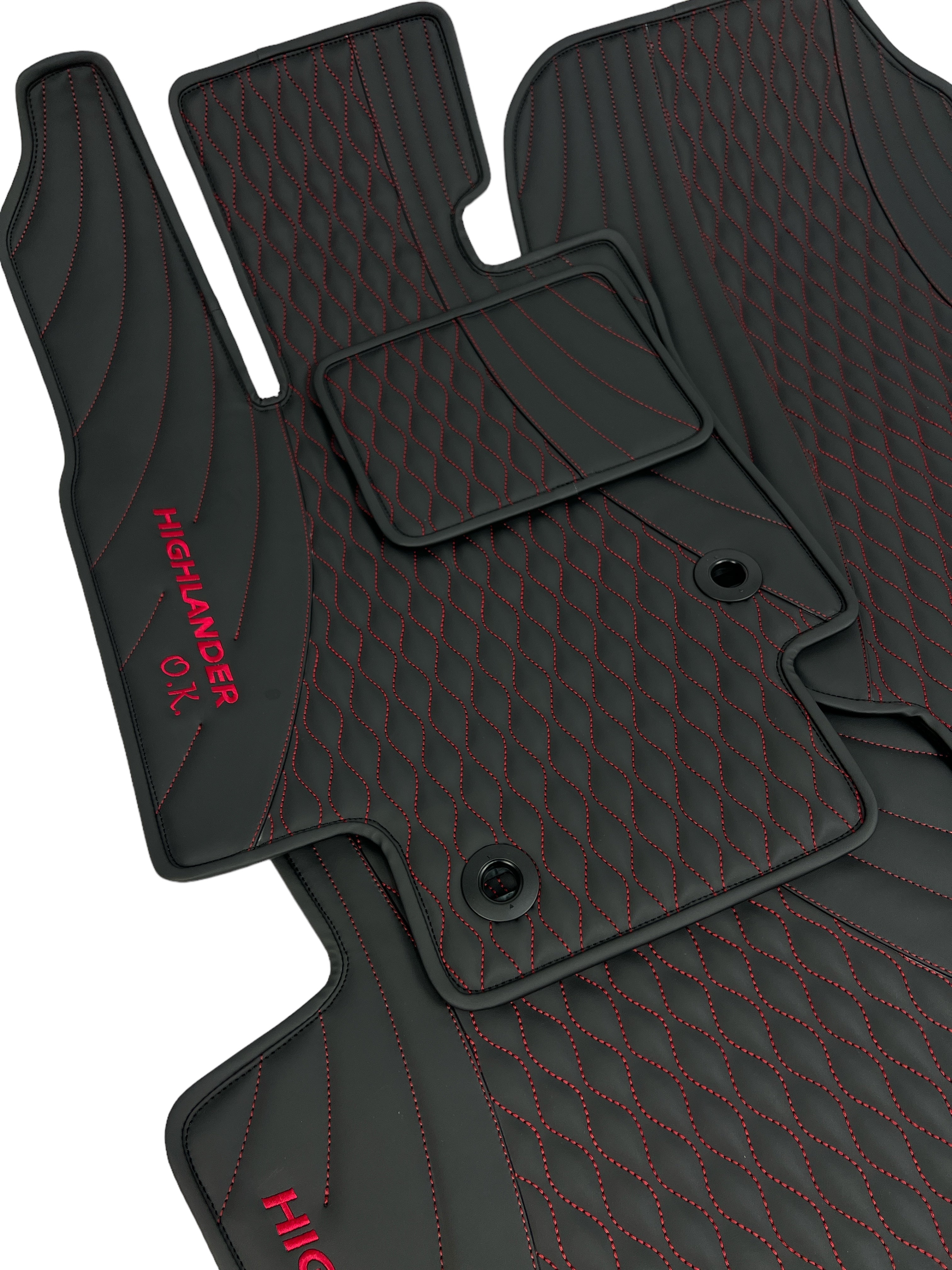 Car Floor Mats in "Figure Waves" Design Black with Red Stitching