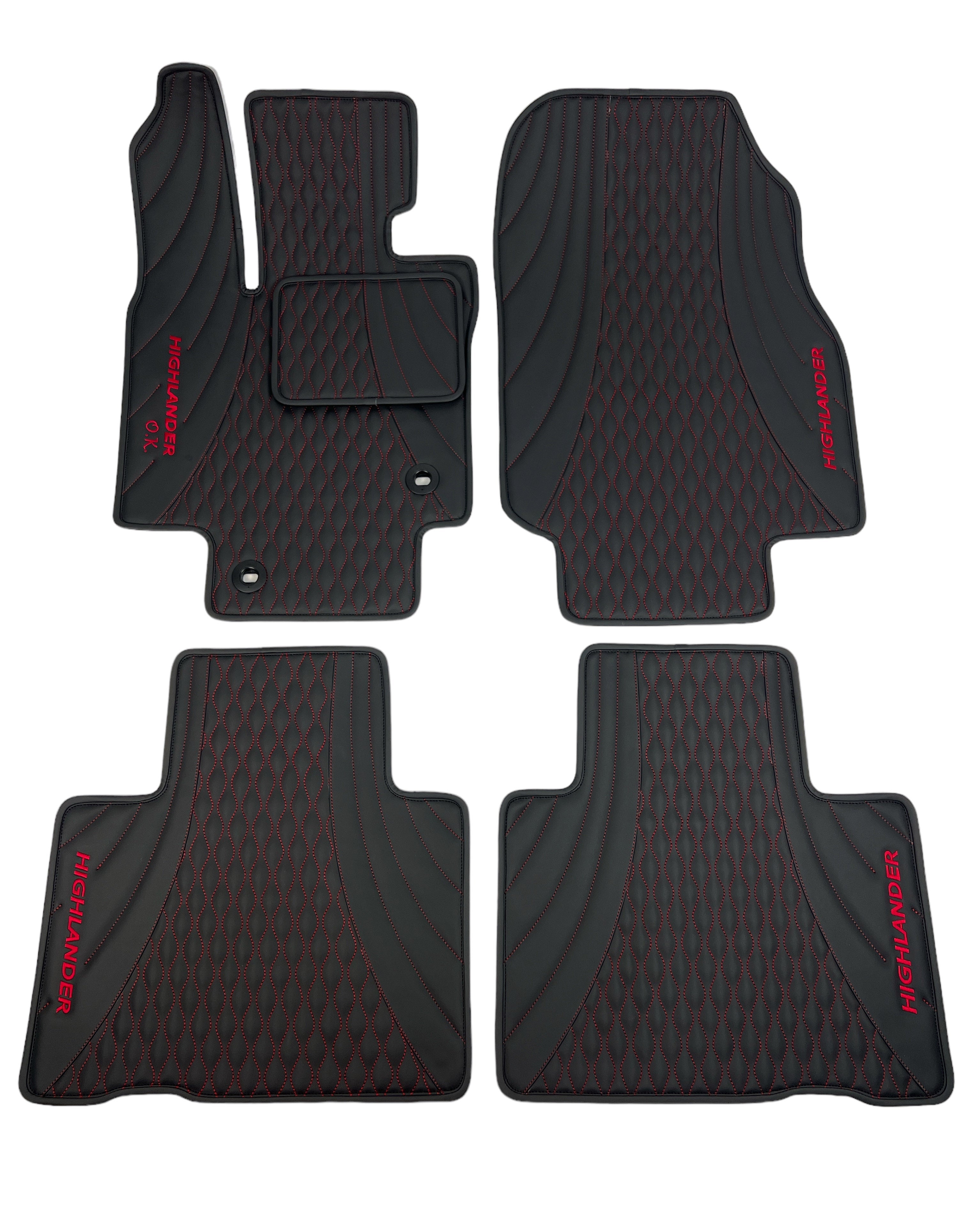 Car Floor Mats in "Figure Waves" Design Black with Red Stitching