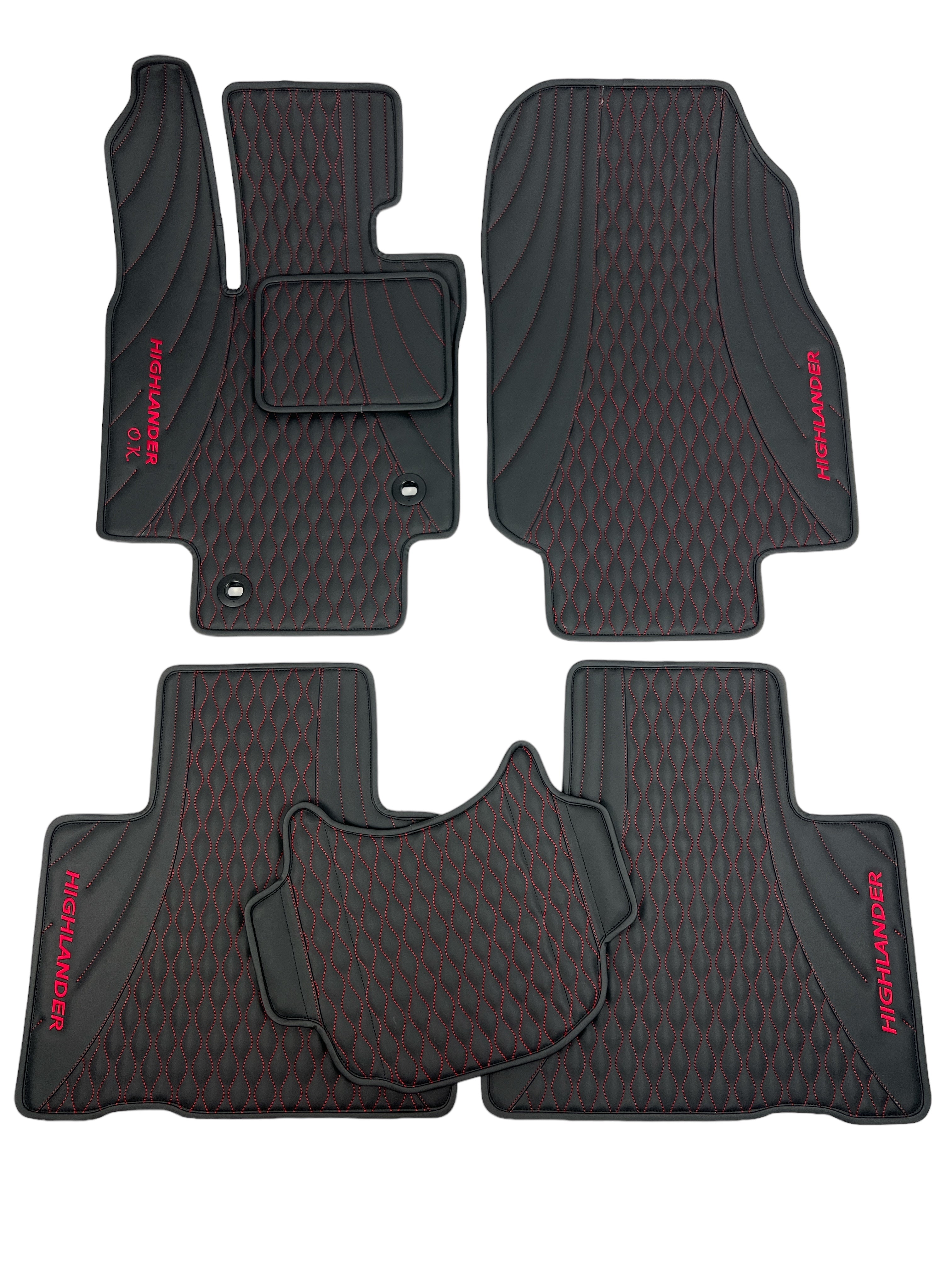 Car Floor Mats in "Figure Waves" Design Black with Red Stitching