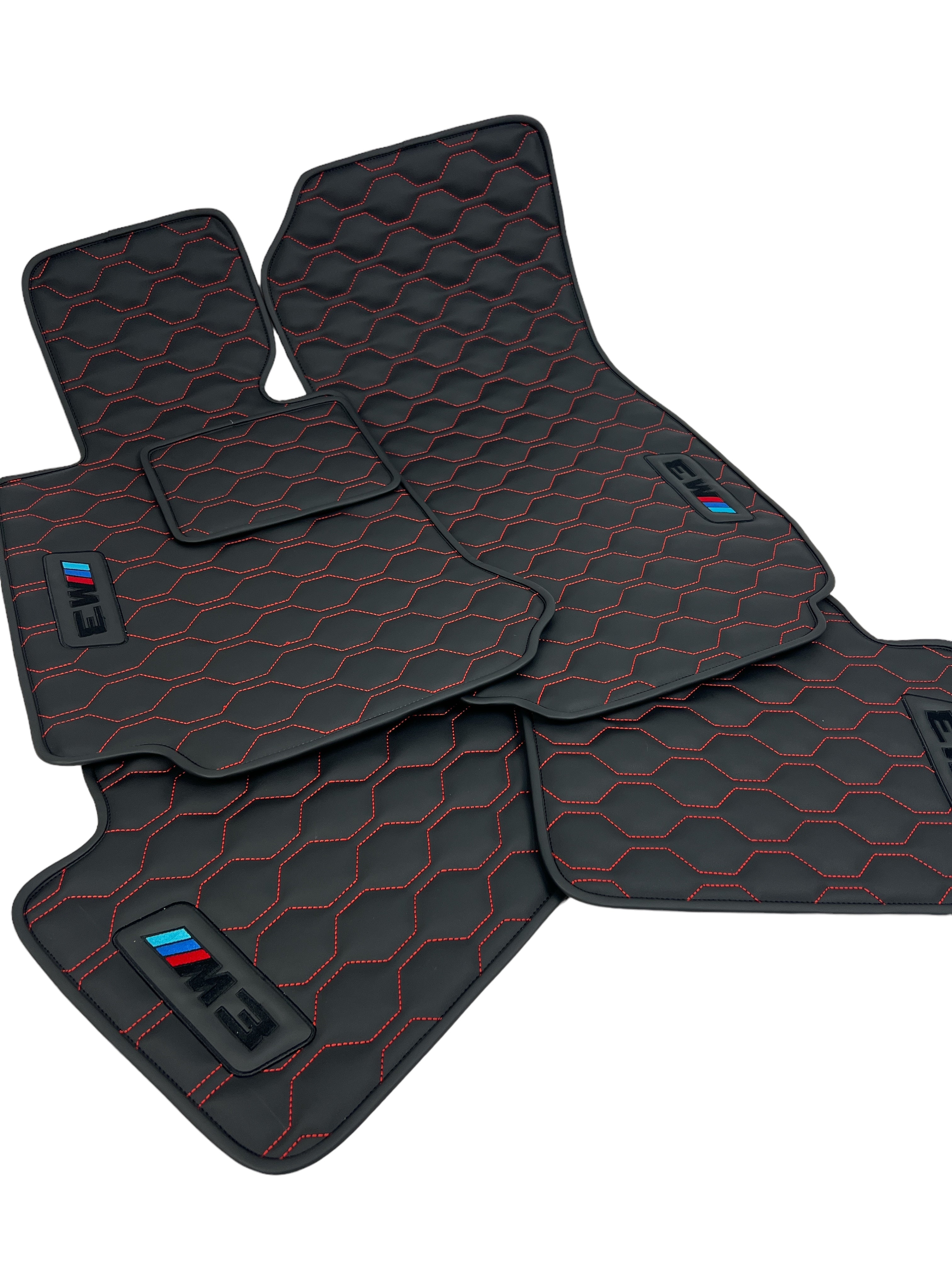 Car Floor Mats in "Big Comb" Design Black with Red Stitching