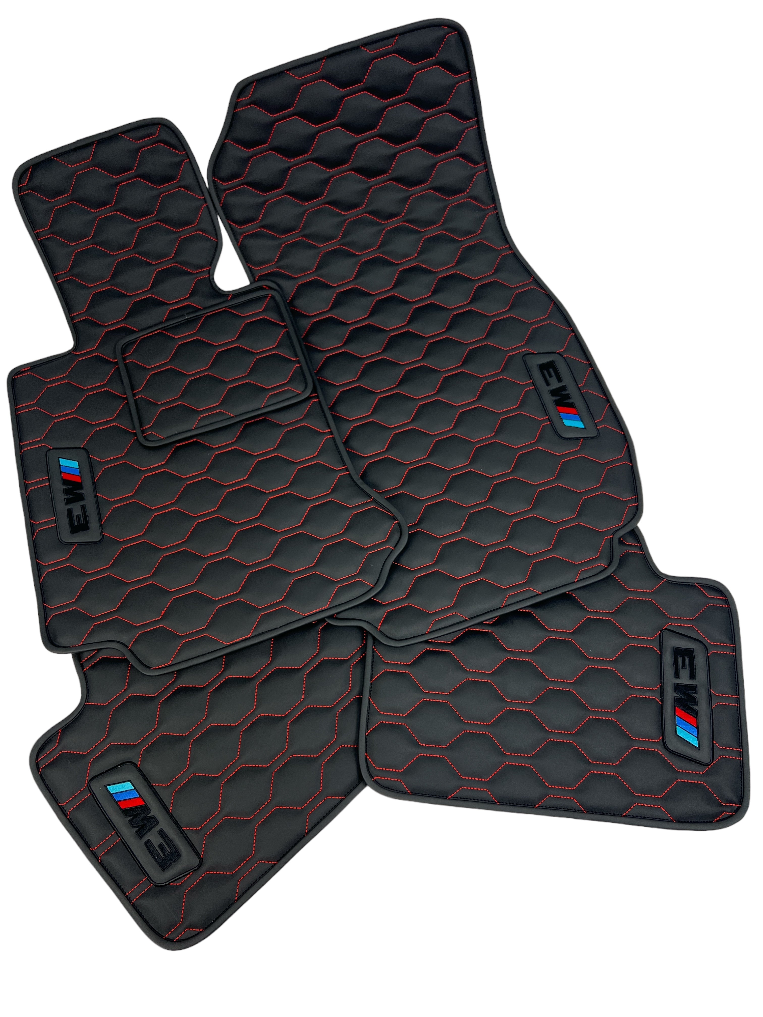 Car Floor Mats in "Big Comb" Design Black with Red Stitching