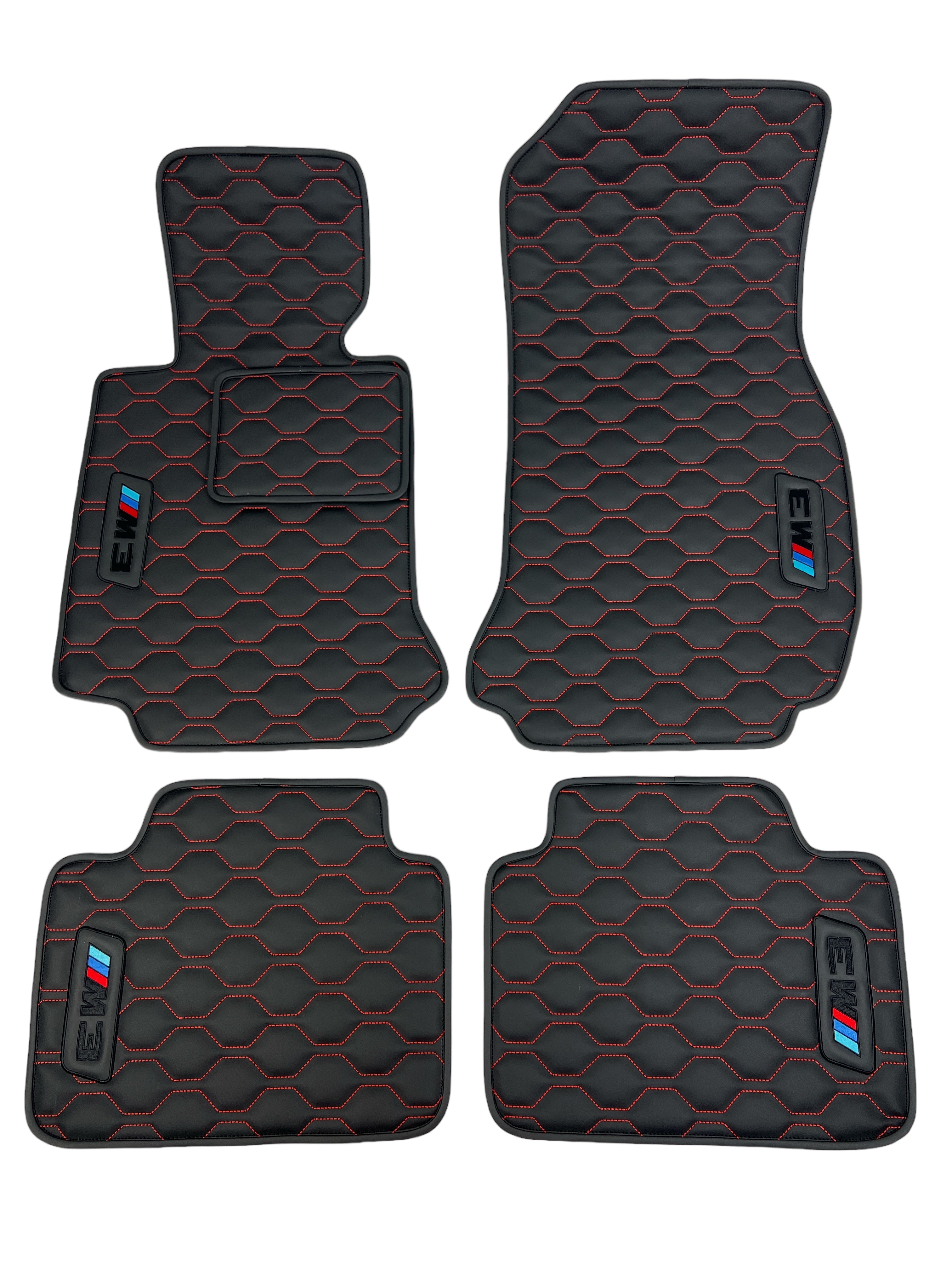 Car Floor Mats in "Big Comb" Design Black with Red Stitching