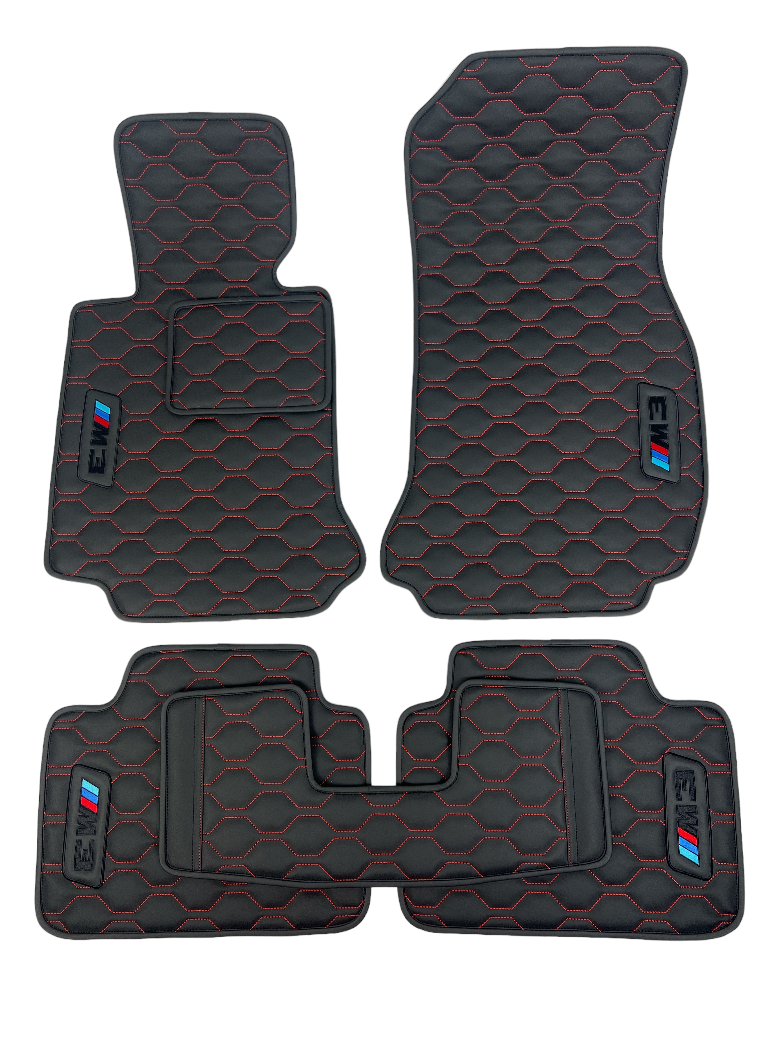 Car Floor Mats in "Big Comb" Design Black with Red Stitching