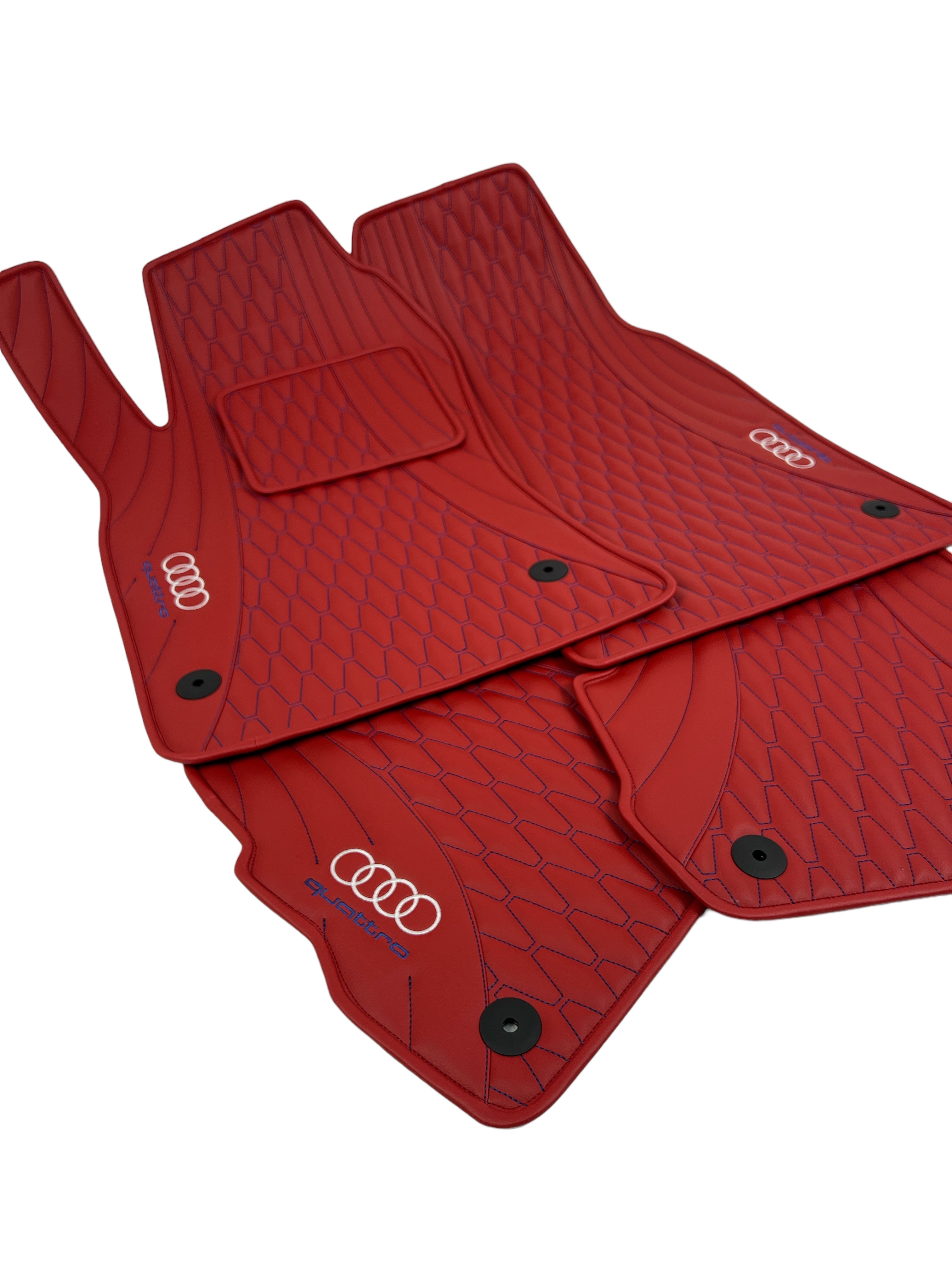 Car Floor Mats in "Figure Long Comb" Design Red with Blue Stitching