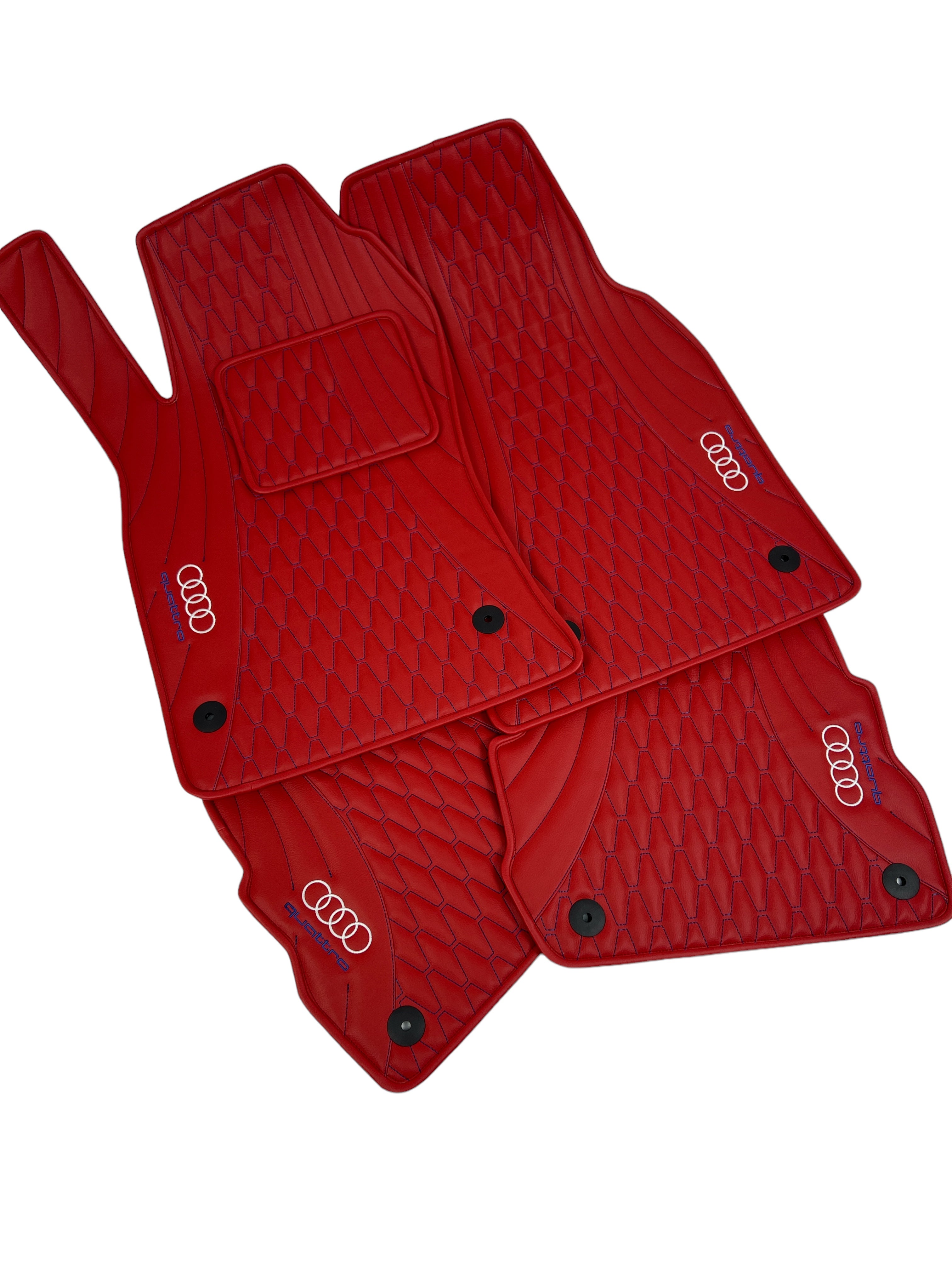 Car Floor Mats in "Figure Long Comb" Design Red with Blue Stitching