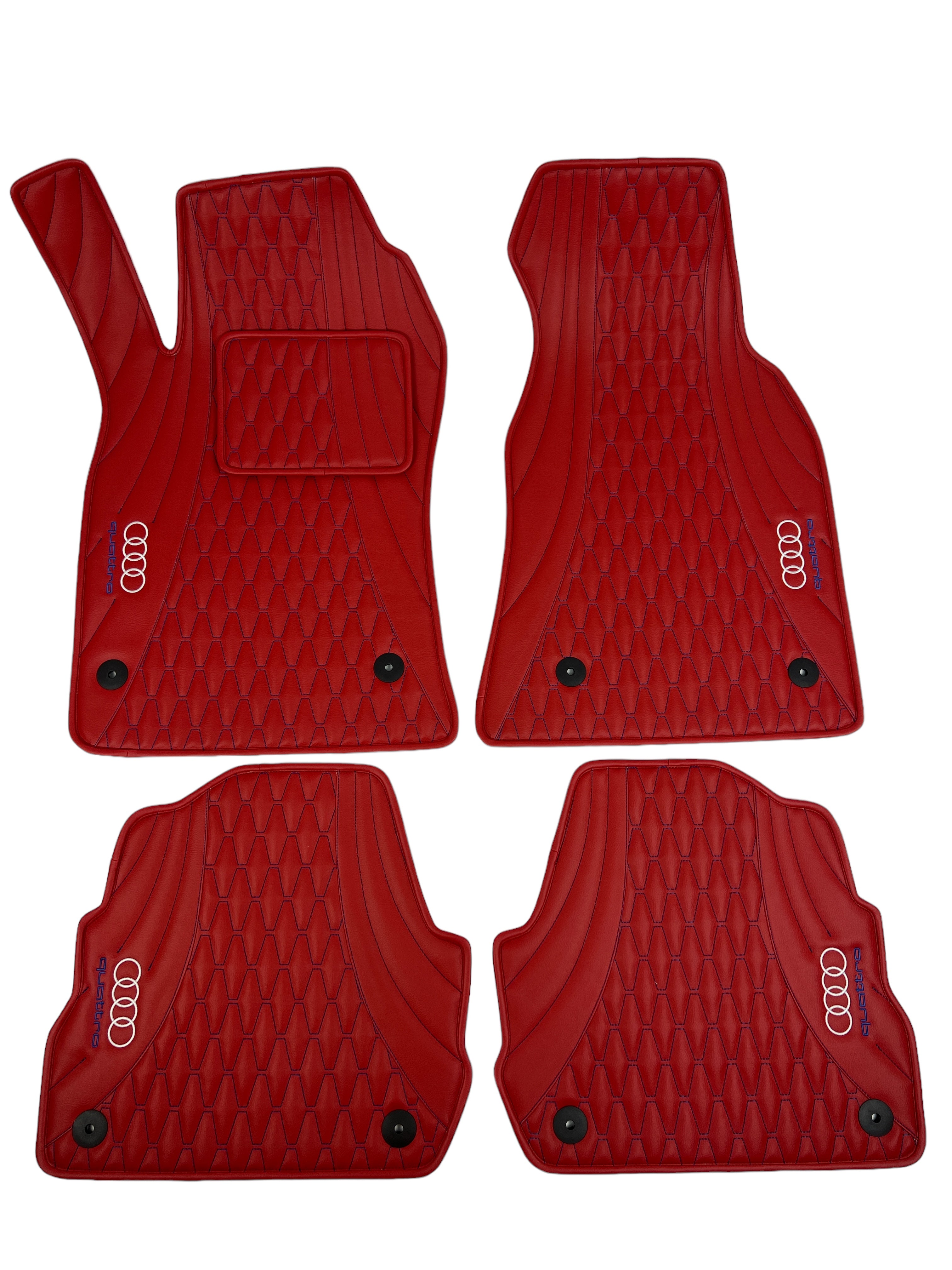 Car Floor Mats in "Figure Long Comb" Design Red with Blue Stitching