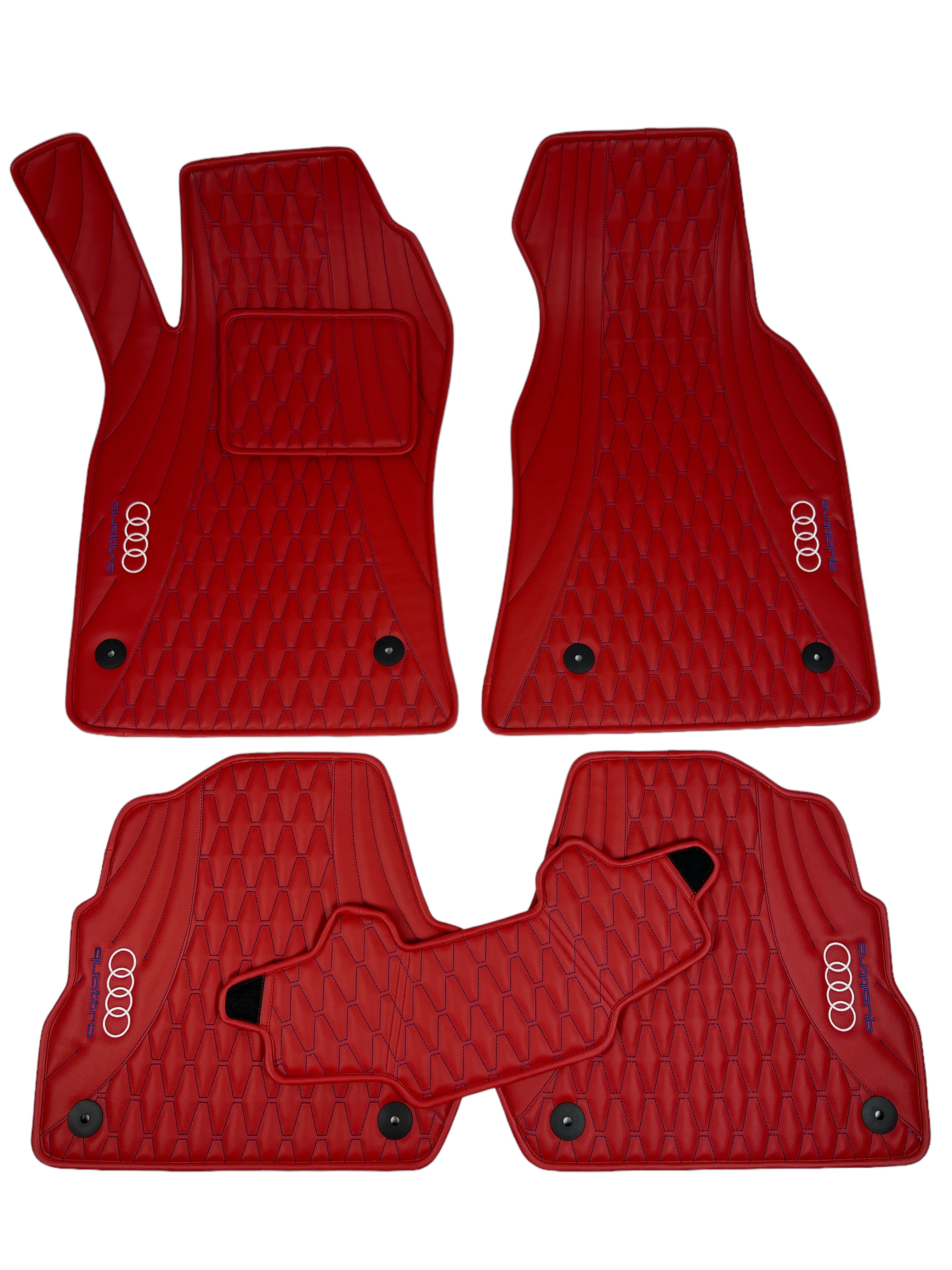 Car Floor Mats in "Figure Long Comb" Design Red with Blue Stitching