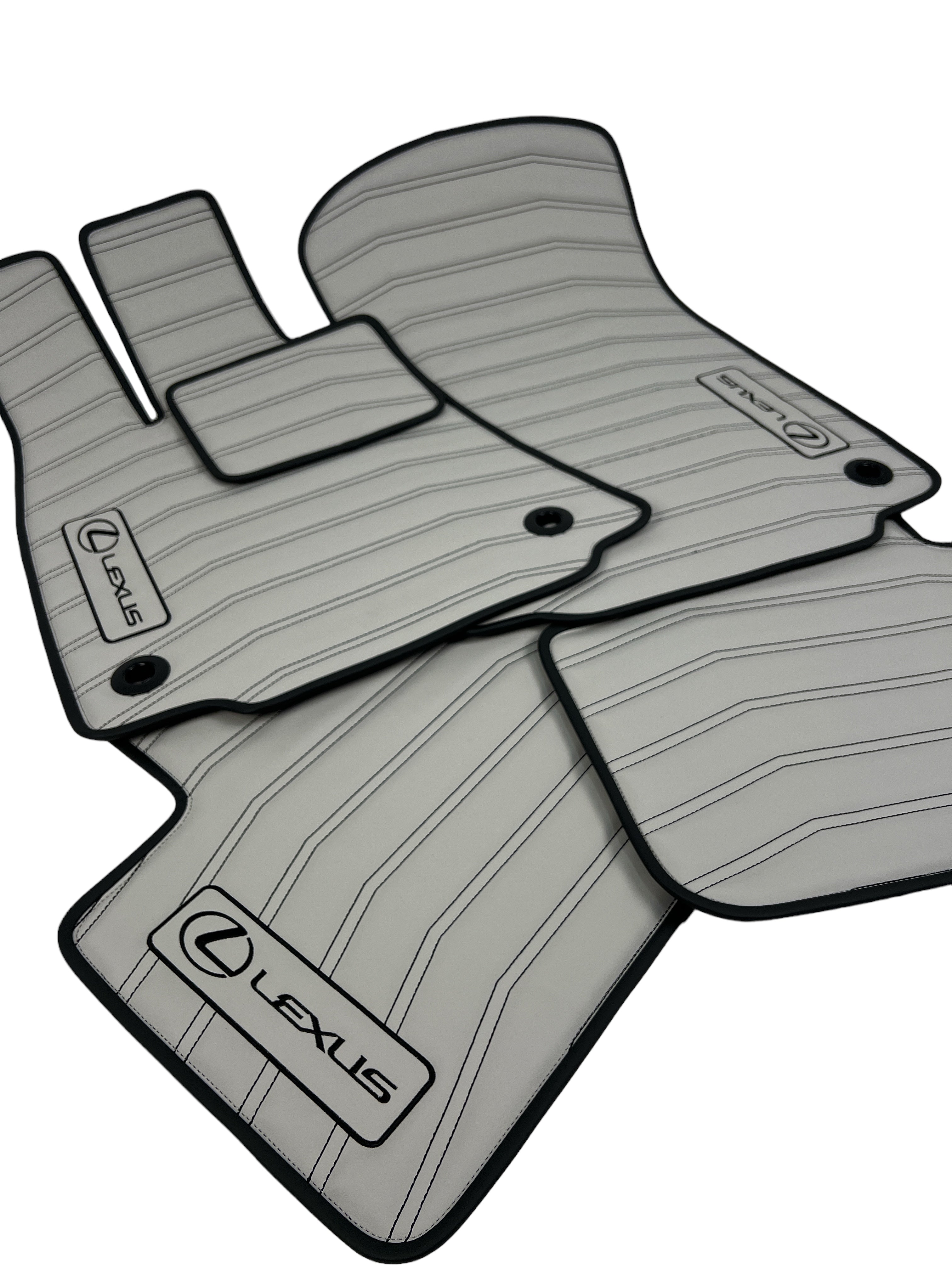 Car Floor Mats in "Double Staple" Design Light Gray with Black Stitching and Enging