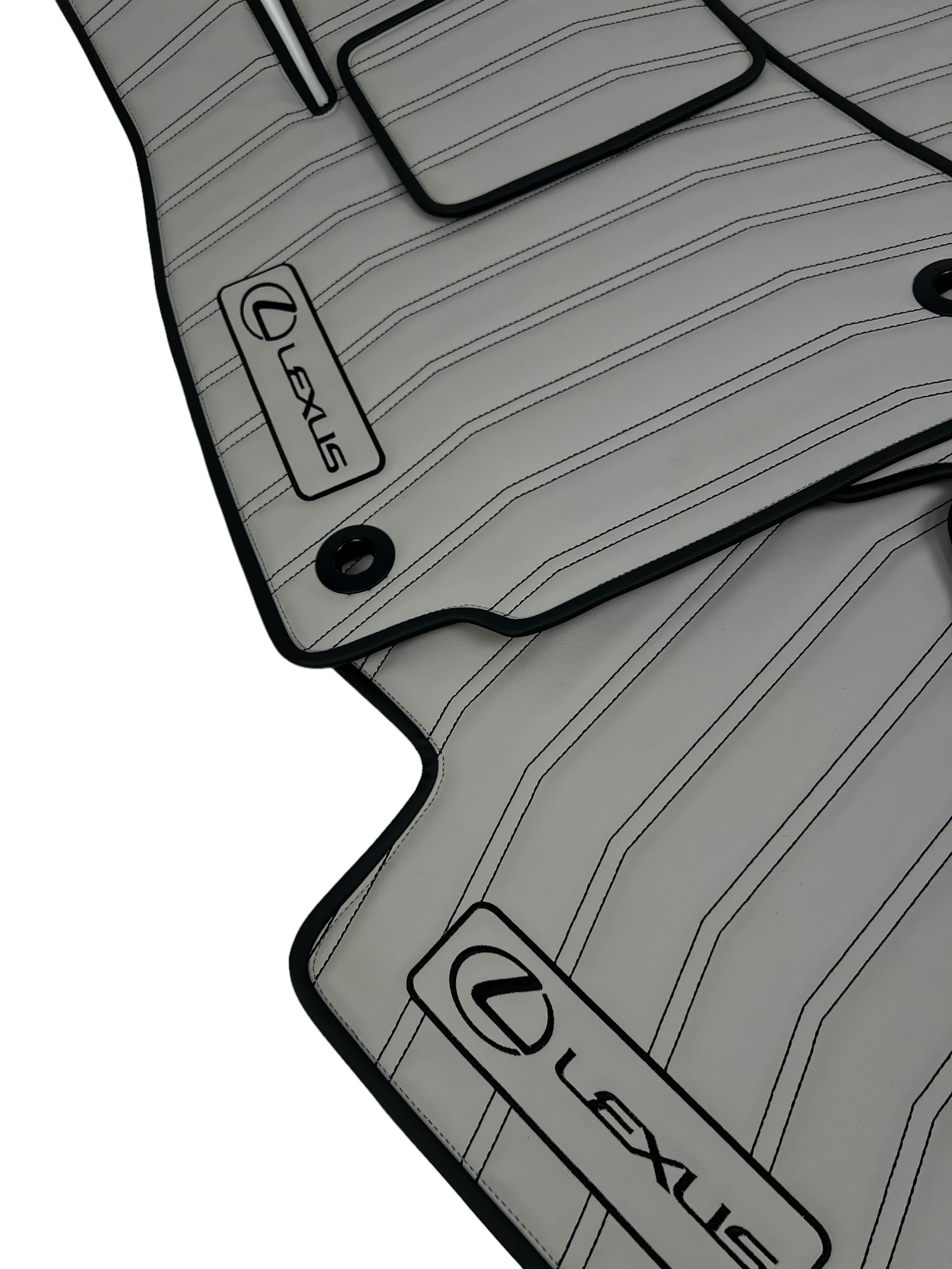 Car Floor Mats in "Double Staple" Design Light Gray with Black Stitching and Enging