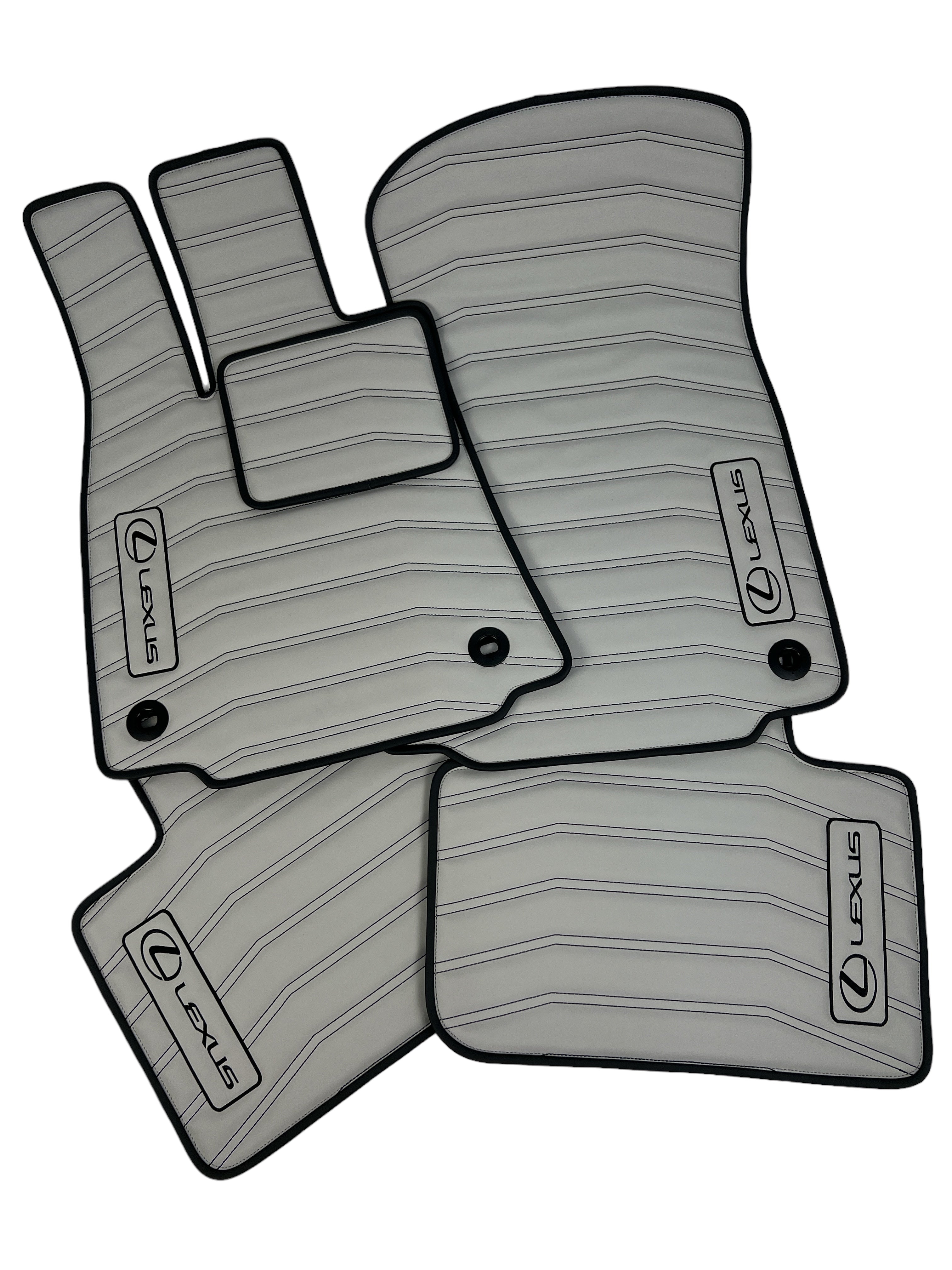 Car Floor Mats in "Double Staple" Design Light Gray with Black Stitching and Enging