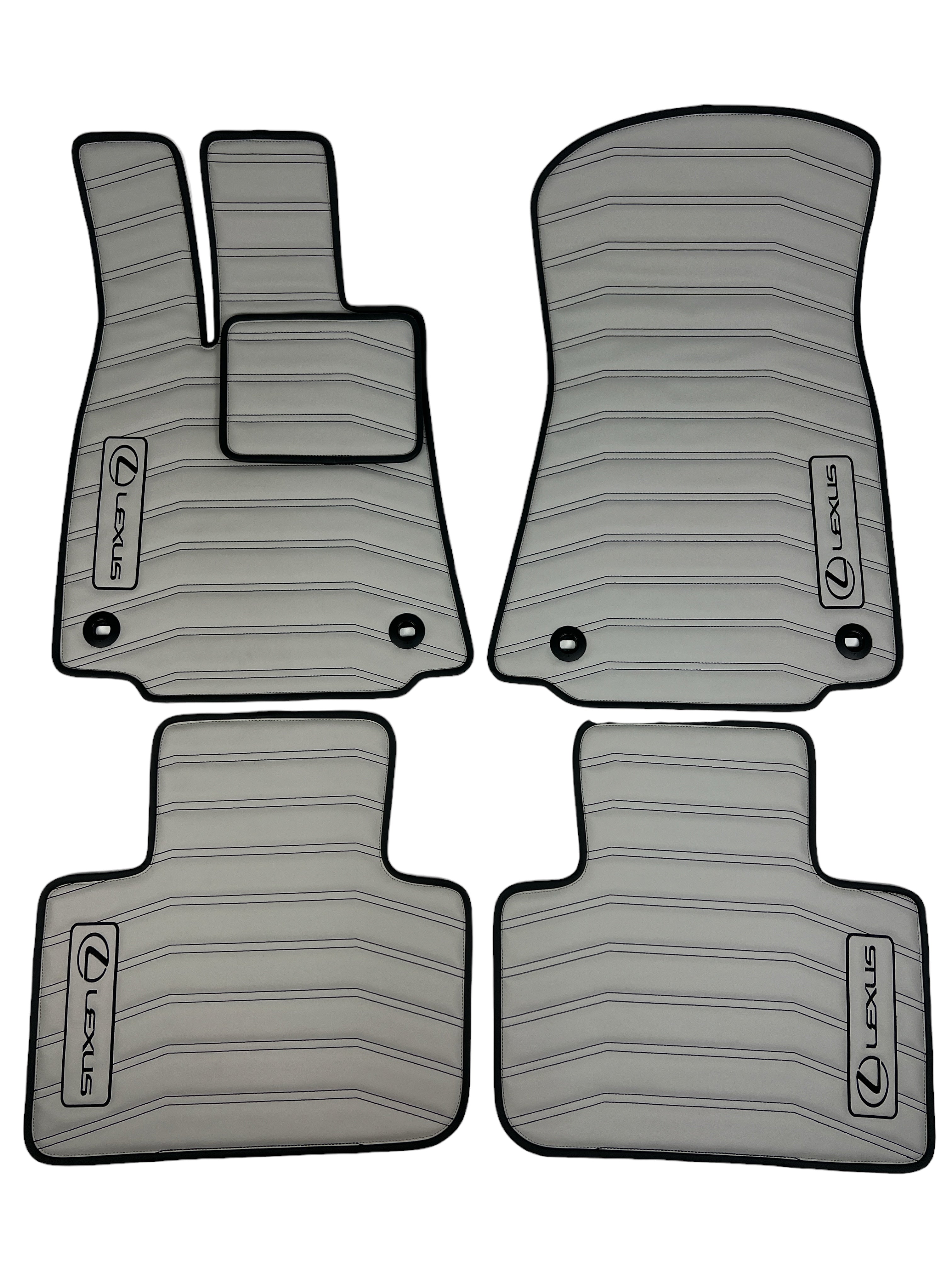 Car Floor Mats in "Double Staple" Design Light Gray with Black Stitching and Enging