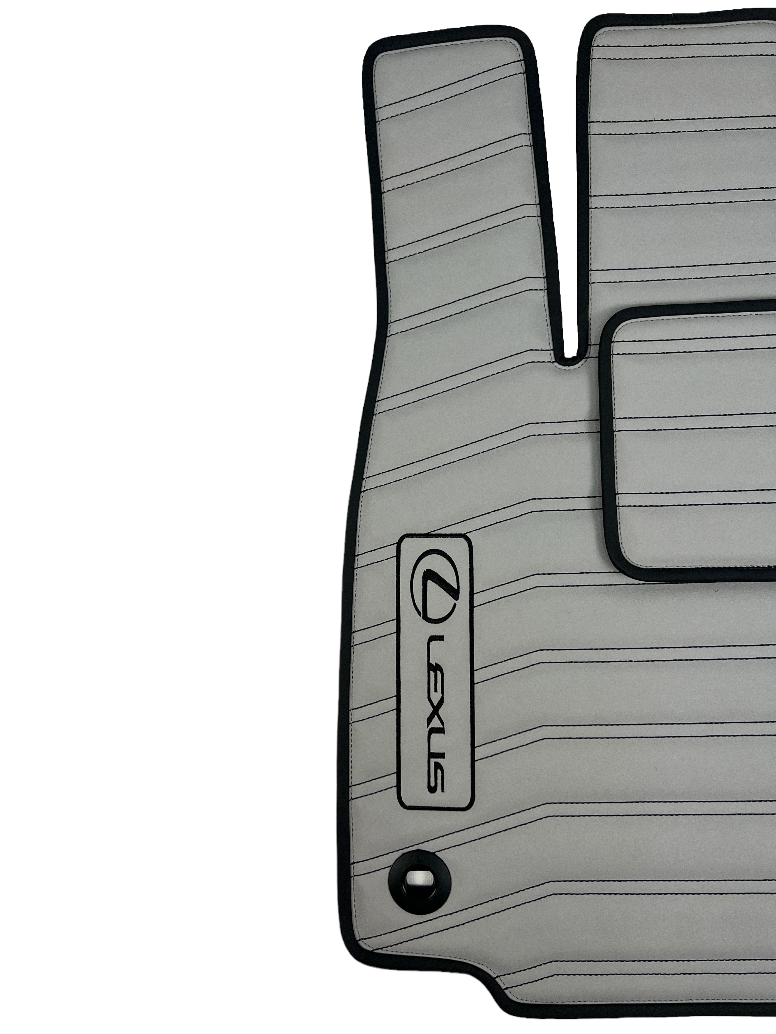 Car Floor Mats in "Double Staple" Design Light Gray with Black Stitching and Enging