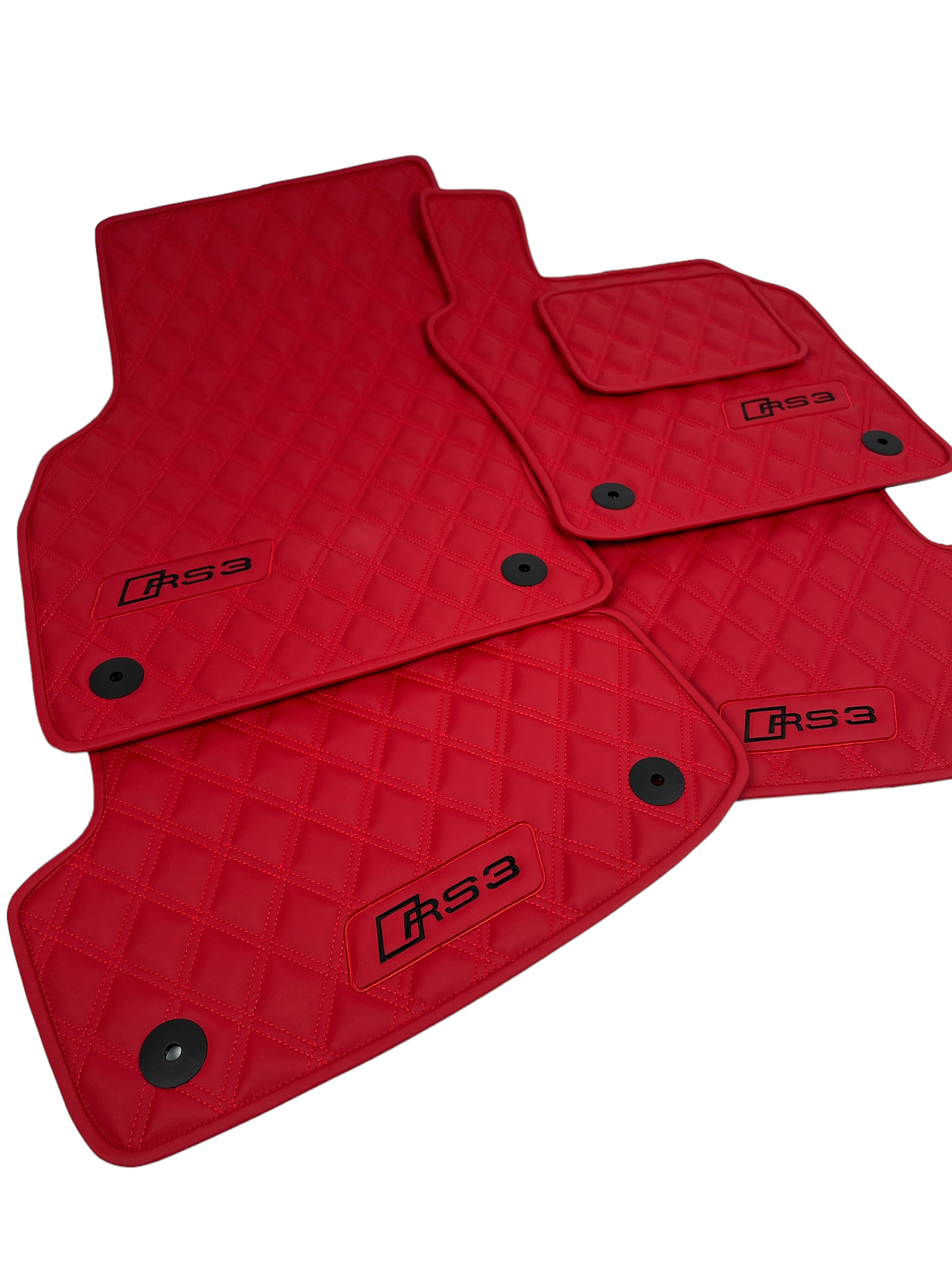 Car Floor Mats in "Double Rhombus" Design Red with Black Embroidery