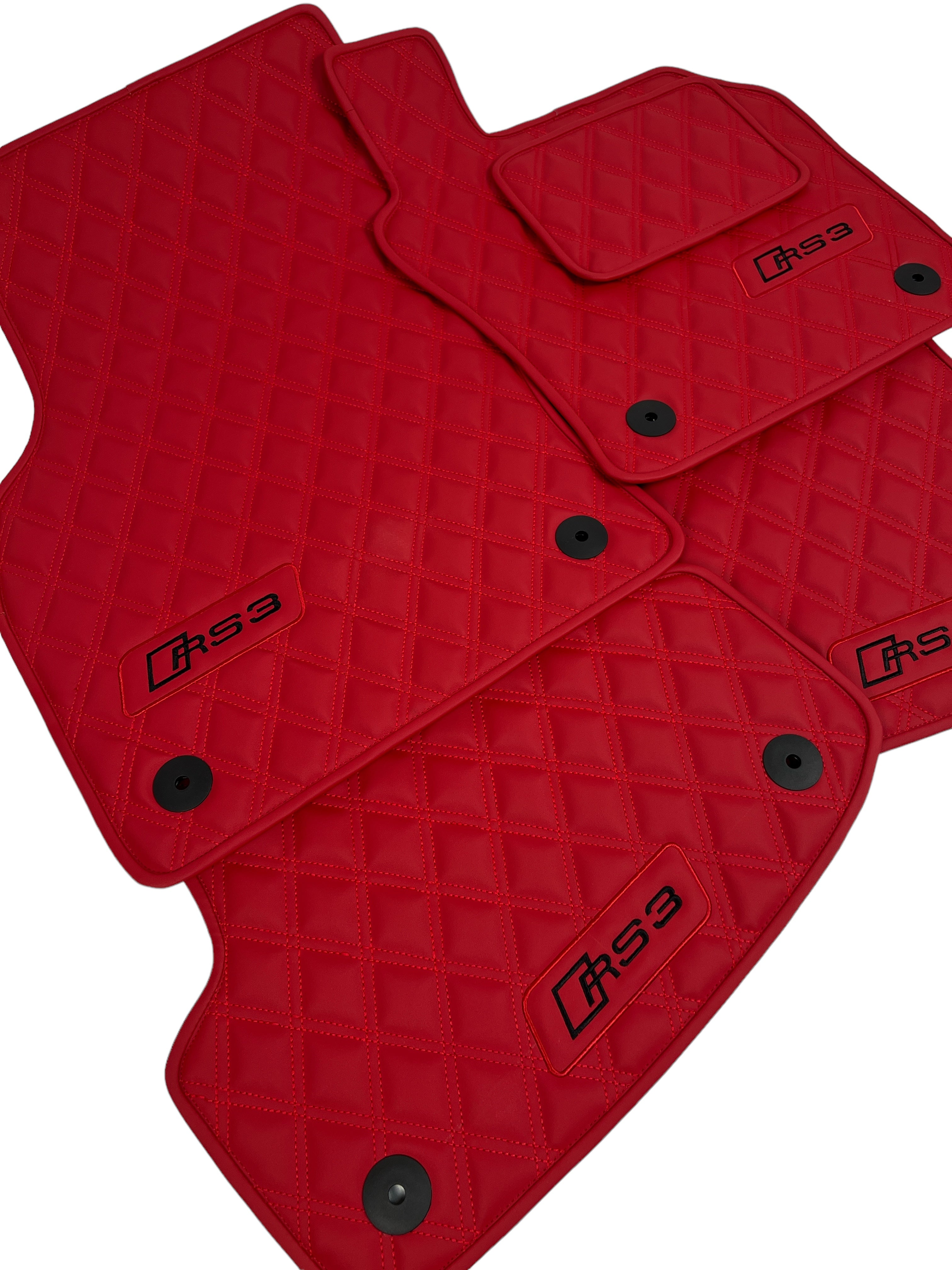 Car Floor Mats in "Double Rhombus" Design Red with Black Embroidery